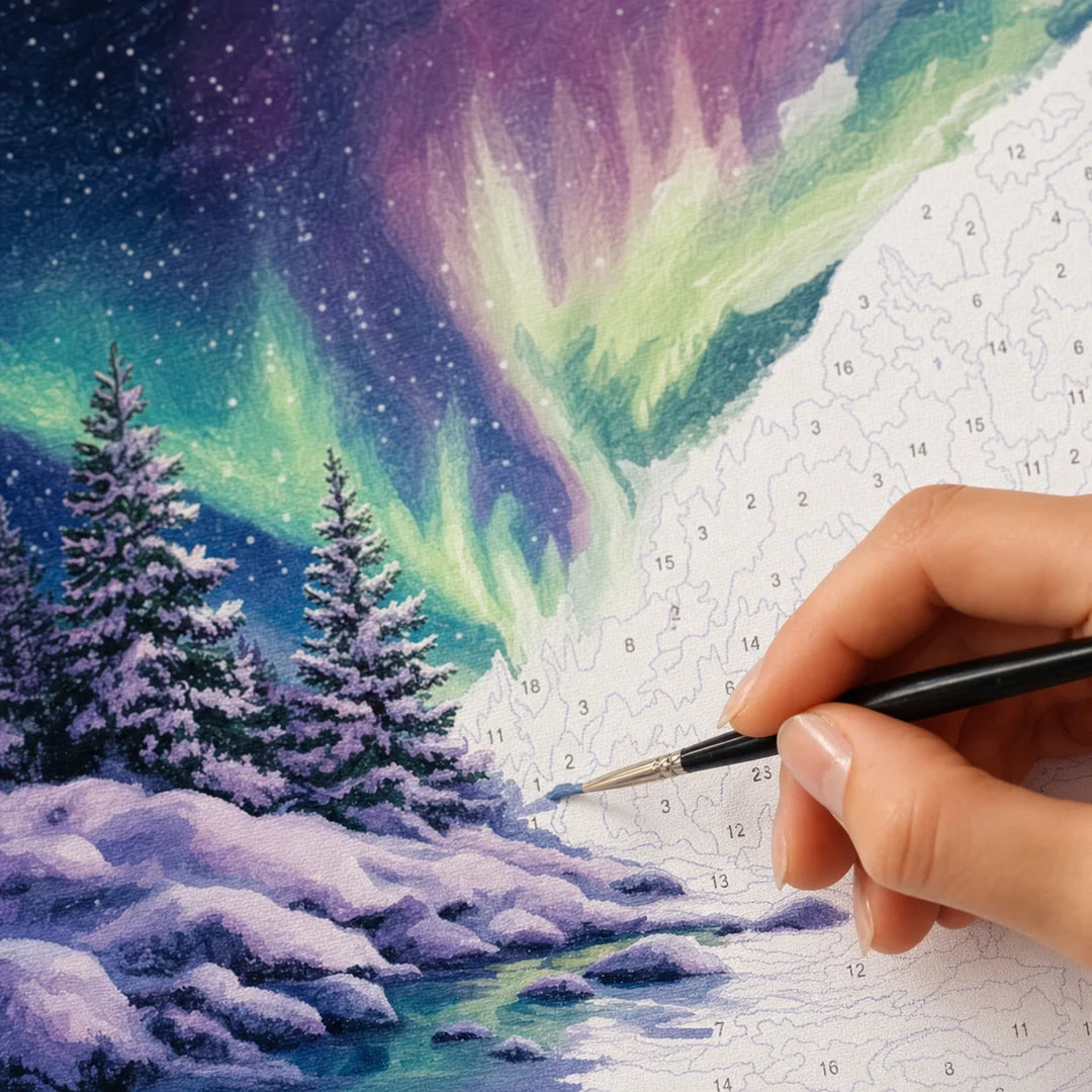 Northern Lights Forest paint by numbers canvas in progress – TinyCraft