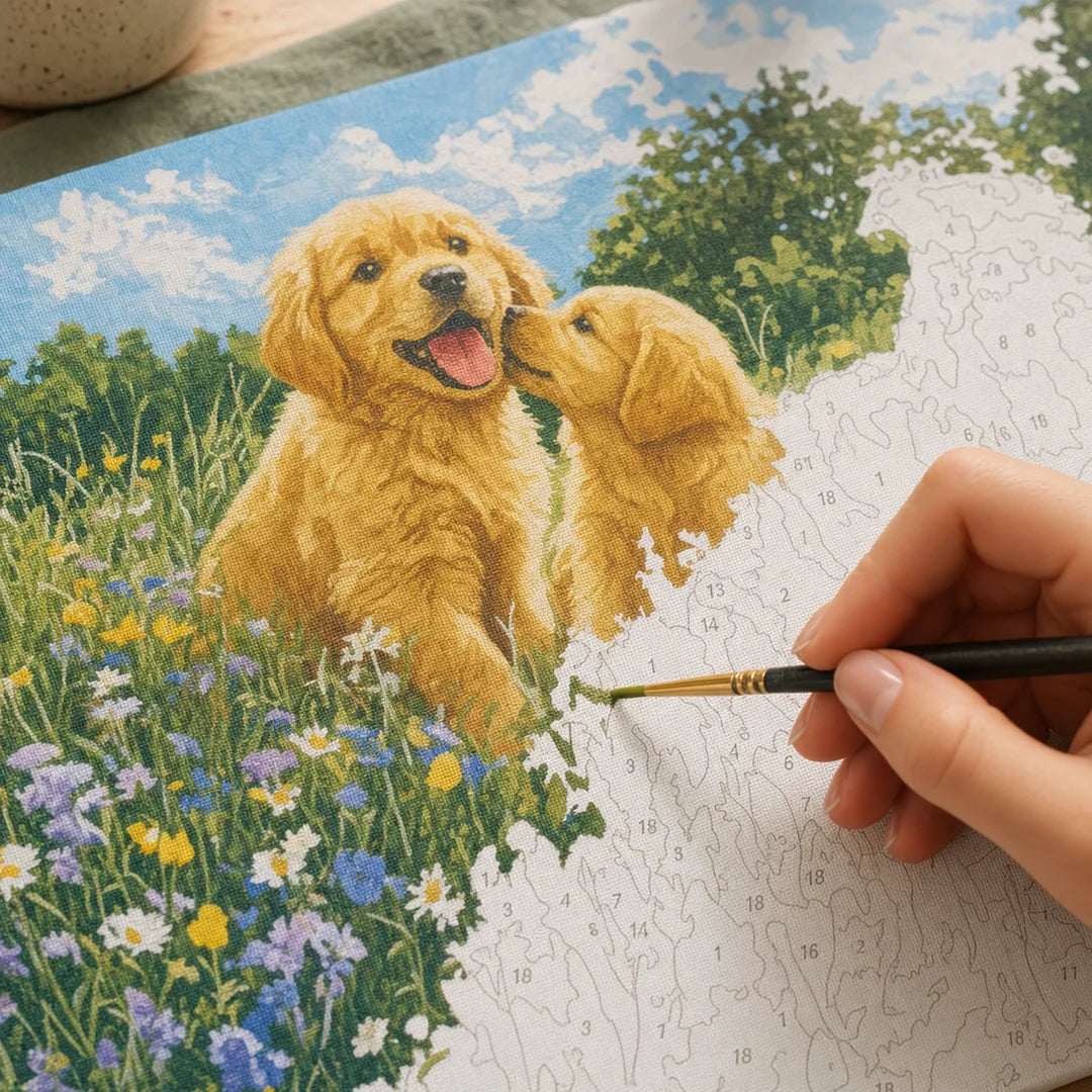 Playful Puppies in the Field paint by numbers canvas in progress – TinyCraft