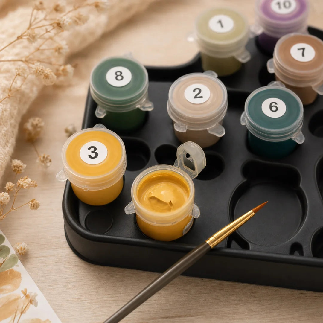 Playful Puppies in the Field paint by numbers acrylic paint pots close-up – TinyCraft