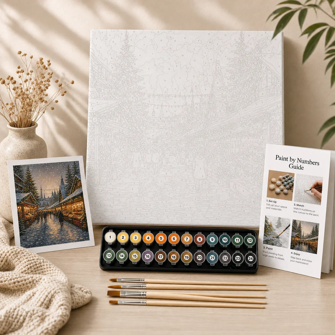Snowy Christmas Market paint by numbers complete kit contents – TinyCraft