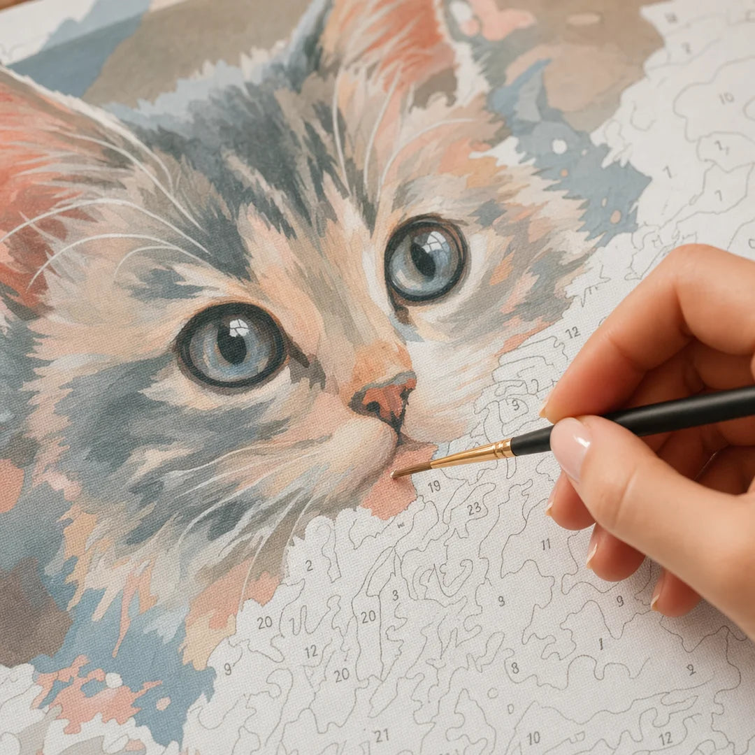 Sparkling Eyes Kitten paint by numbers canvas in progress – TinyCraft