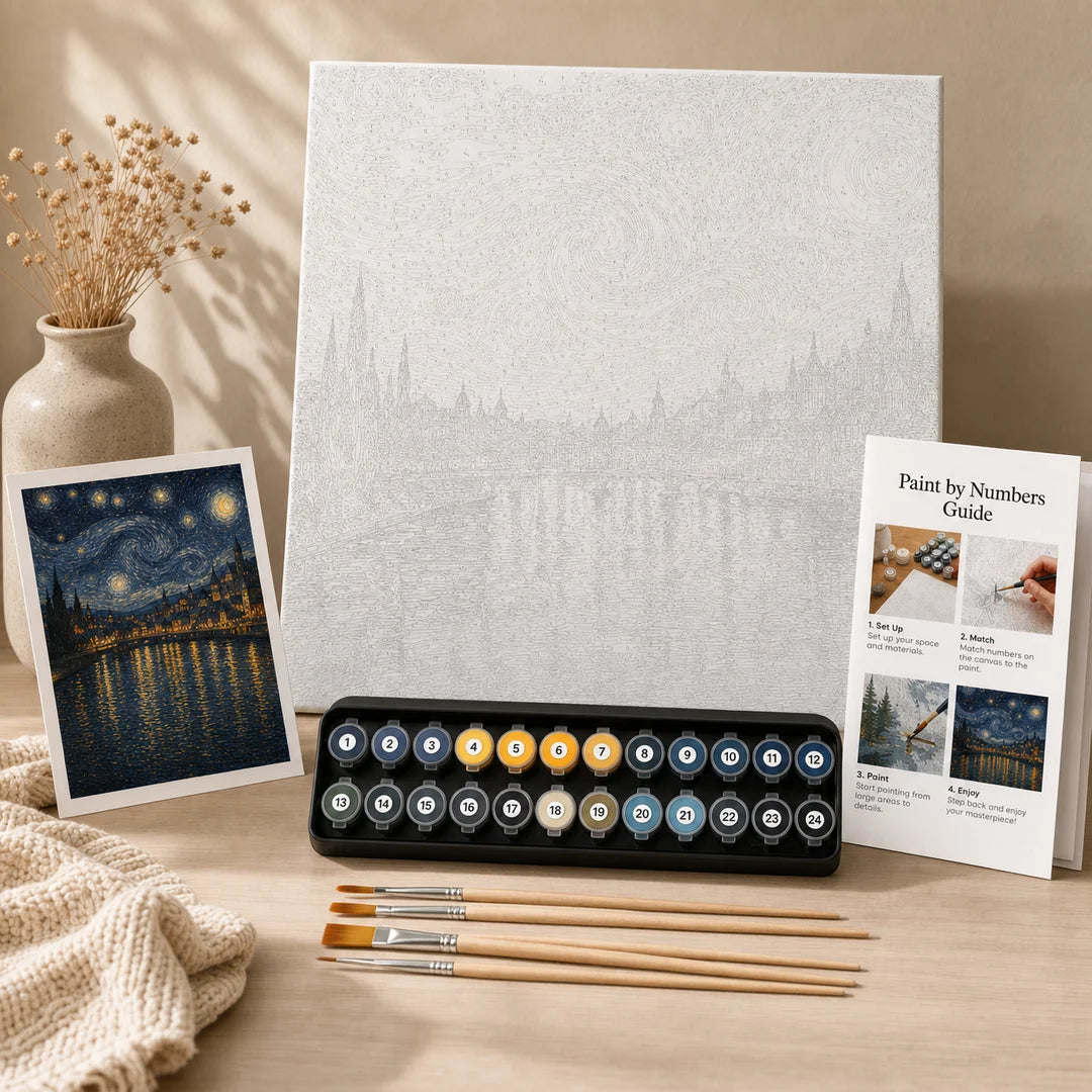 Starry Night Over the Rhone paint by numbers complete kit contents – TinyCraft