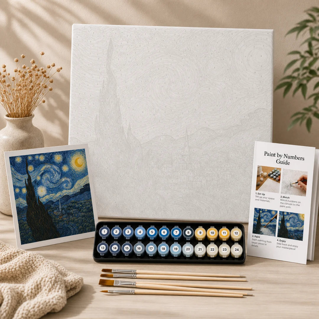 Starry Night paint by numbers complete kit contents – TinyCraft