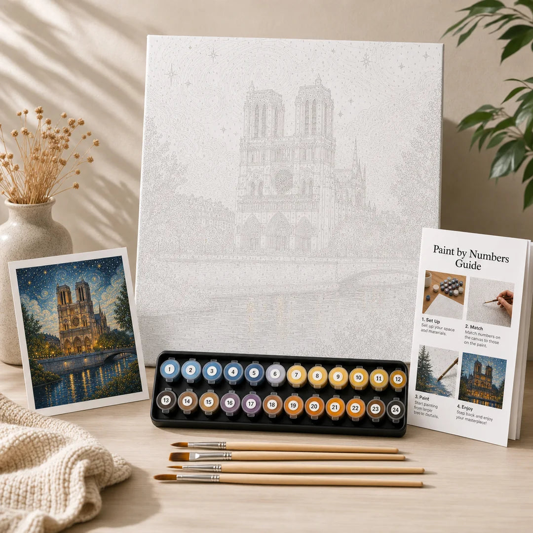 Starry Notre Dame paint by numbers complete kit contents – TinyCraft