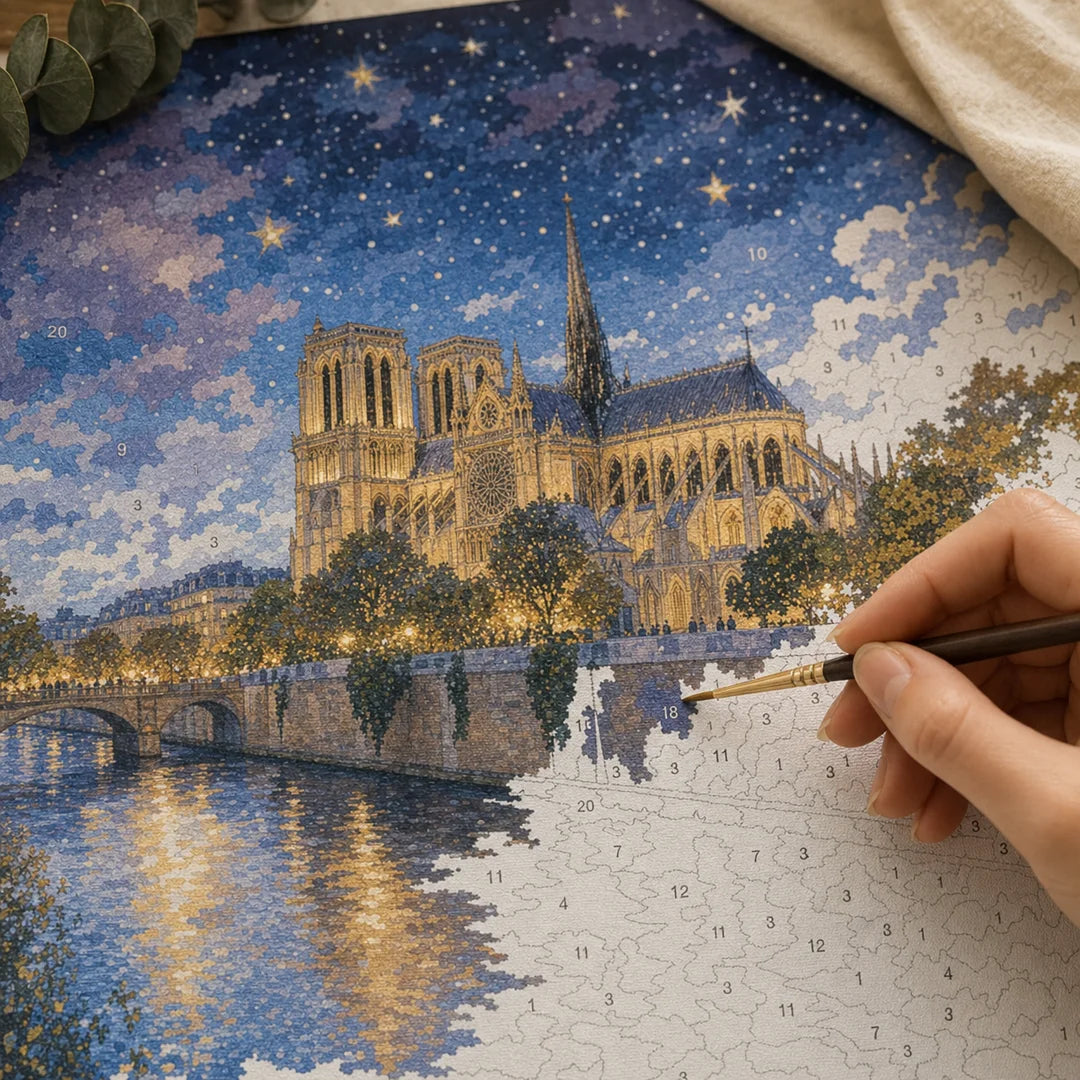 Starry Notre Dame paint by numbers canvas in progress – TinyCraft