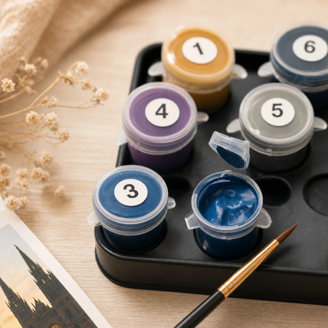 Starry Notre Dame paint by numbers acrylic paint pots close-up – TinyCraft