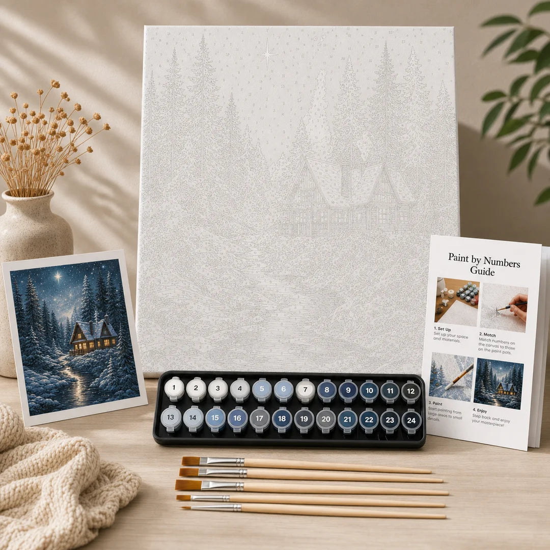 Starry Winter Forest paint by numbers complete kit contents – TinyCraft