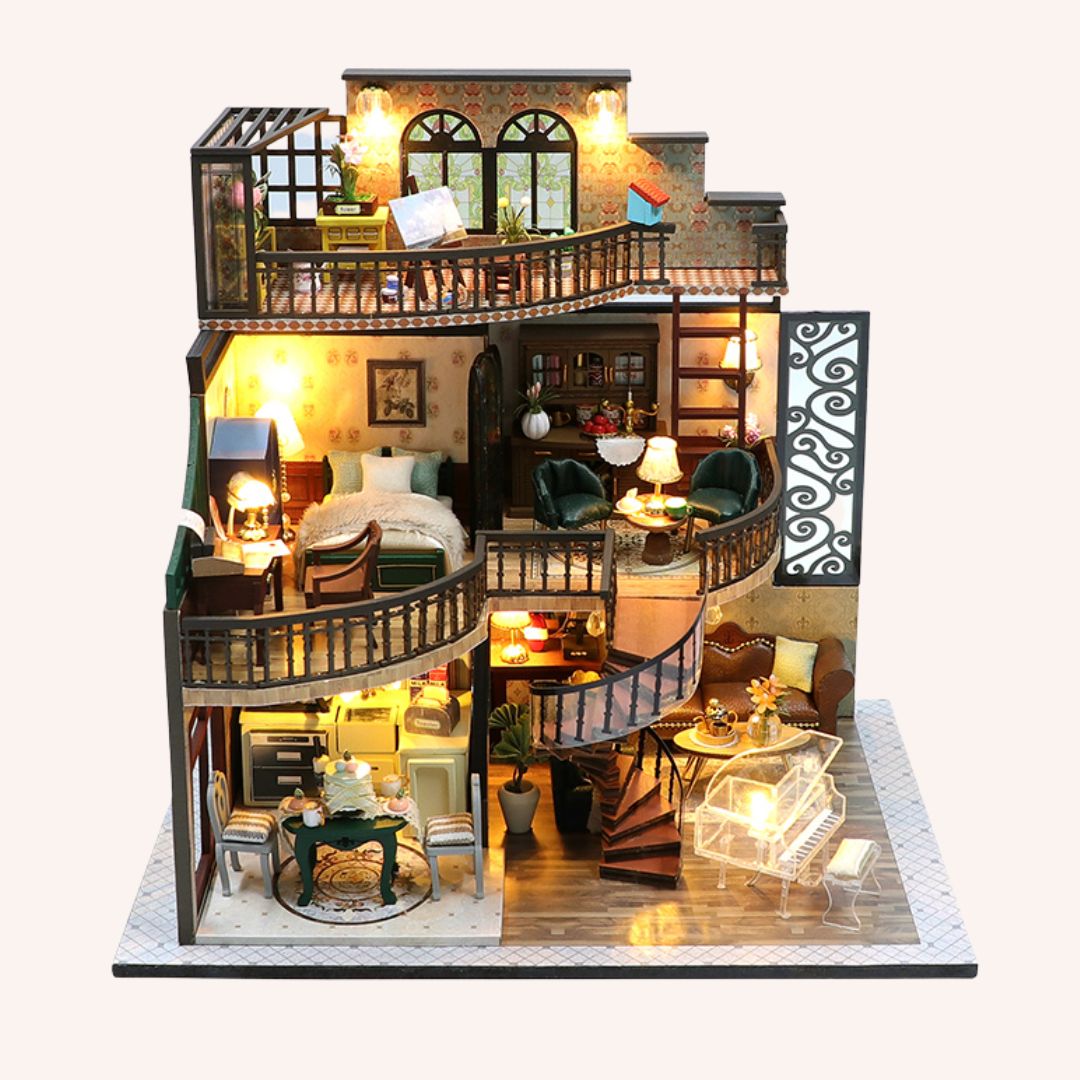 The Grand Townhouse DIY miniature dollhouse kit with three illuminated floors spiral staircase and rooftop terrace