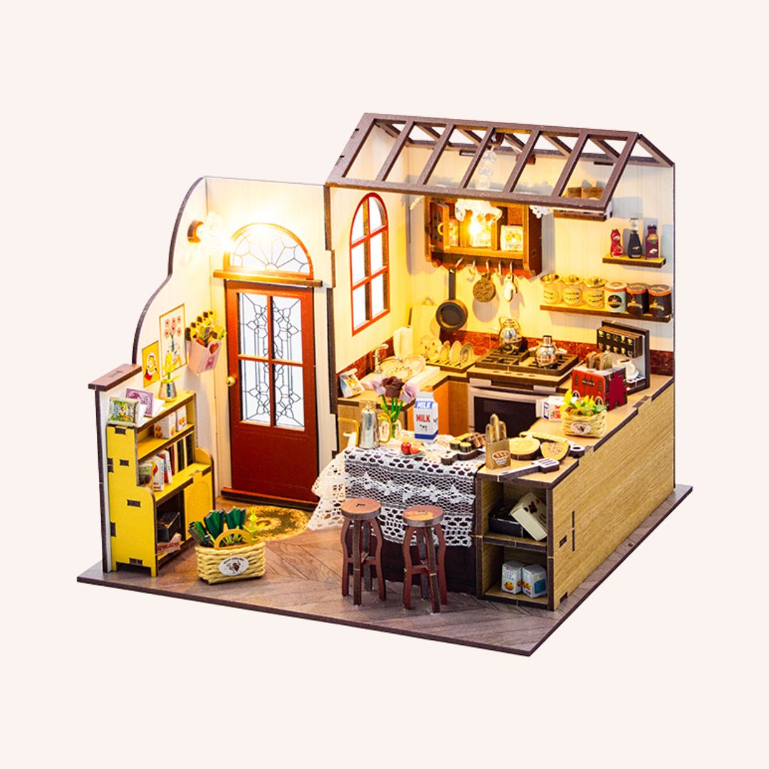 The Homely Kitchen miniature dollhouse kit with LED lights featuring detailed kitchen island stools and yellow decor