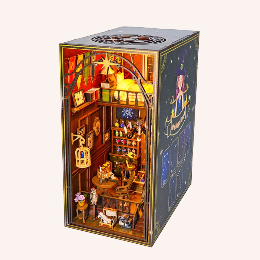 The Wizard's Study DIY miniature book nook kit with illuminated multi-level magical shop interior and detailed decor