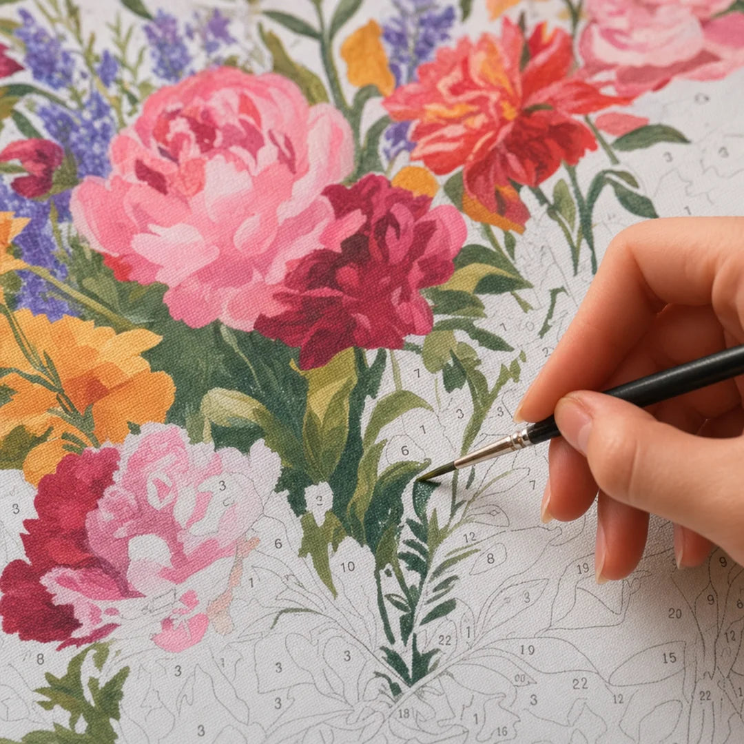 Vibrant Floral Bouquet paint by numbers canvas in progress – TinyCraft