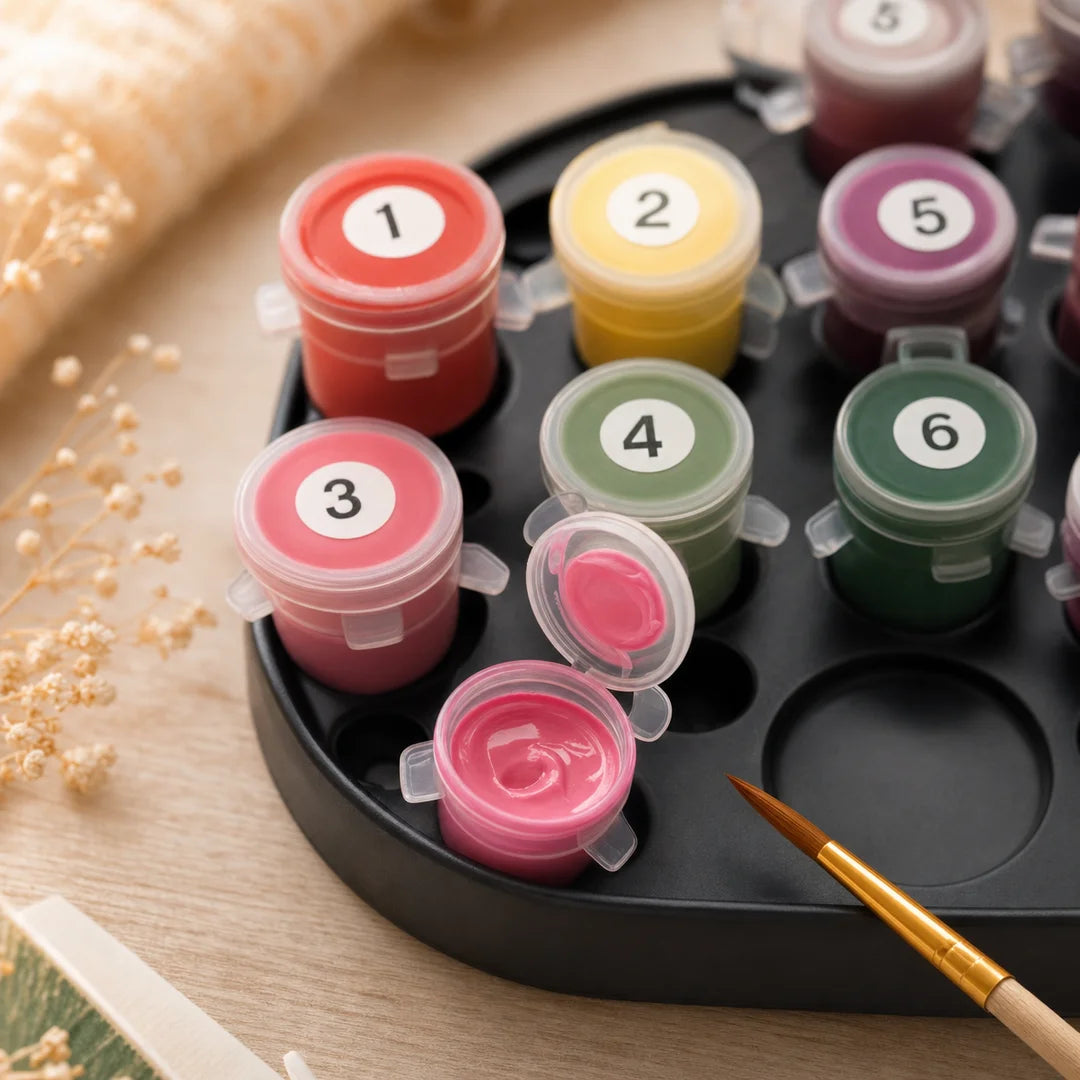 Vibrant Floral Bouquet paint by numbers acrylic paint pots close-up – TinyCraft