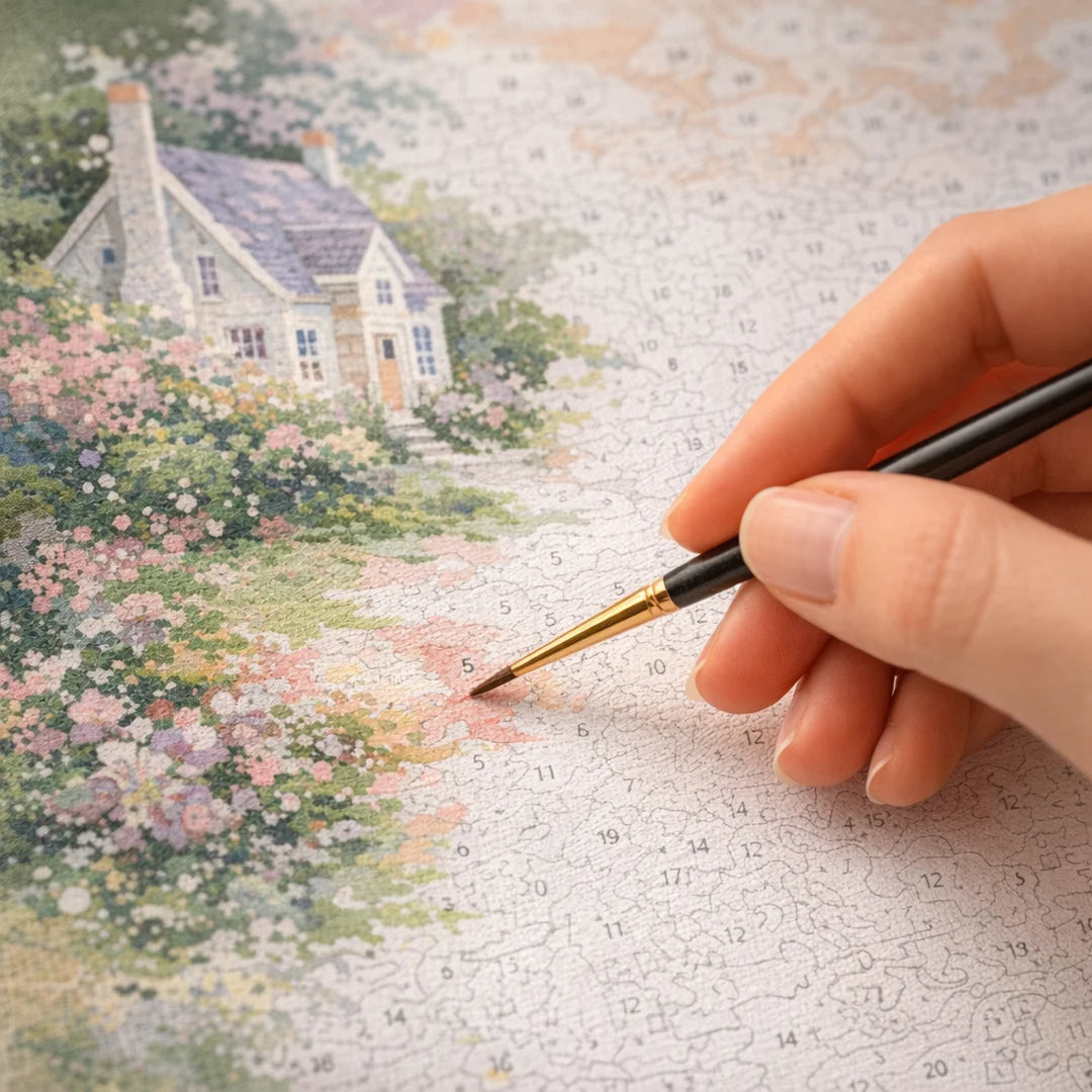 Whimsical Floral Cottage paint by numbers canvas in progress – TinyCraft