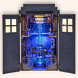 The Time Booth DIY book nook kit, a blue police call box opening to a glowing time-machine console room, on a cream background