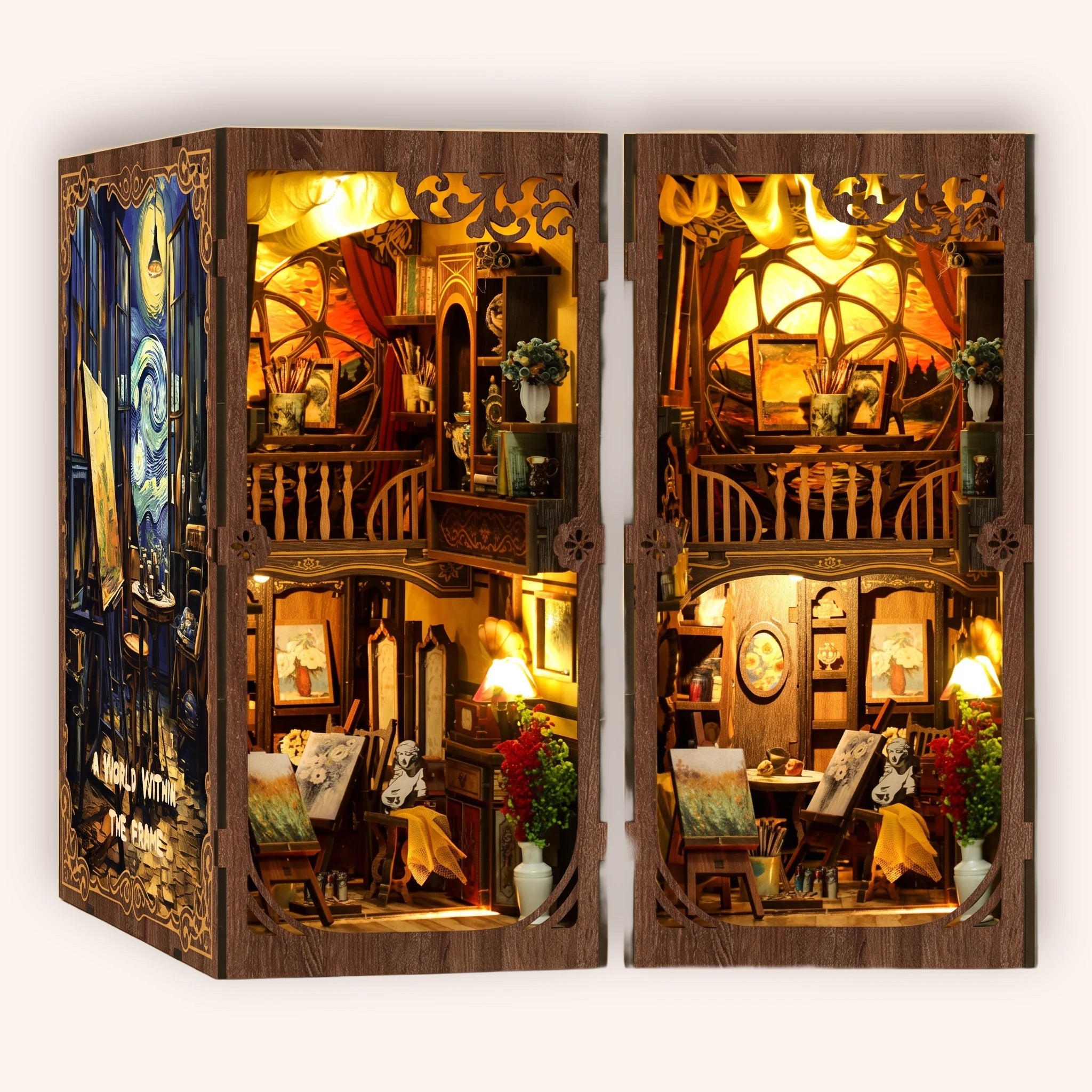 The Artist's Studio DIY book nook miniature on a soft cream studio background