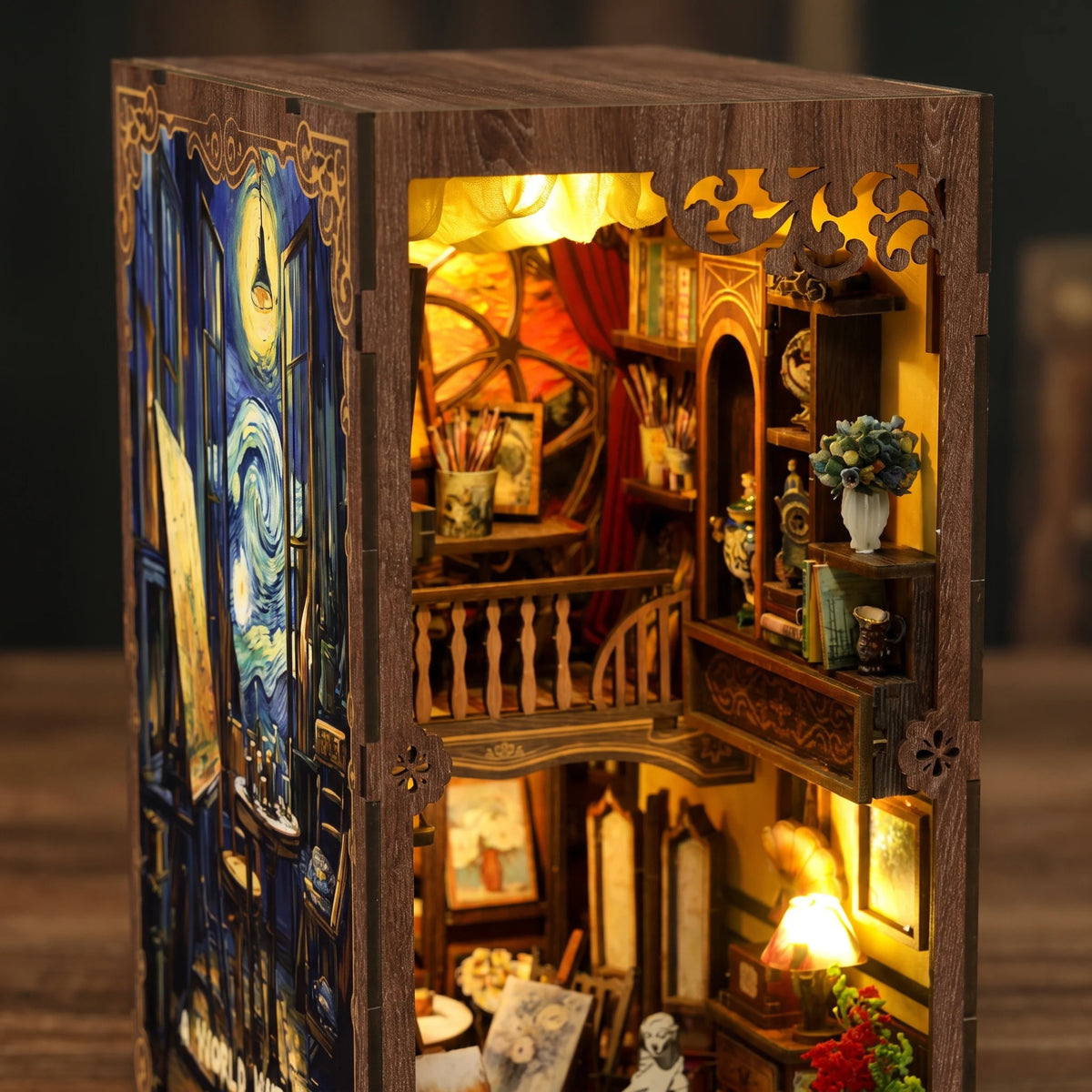 Close-up of the Starry Night side panel and carved corner of The Artist's Studio