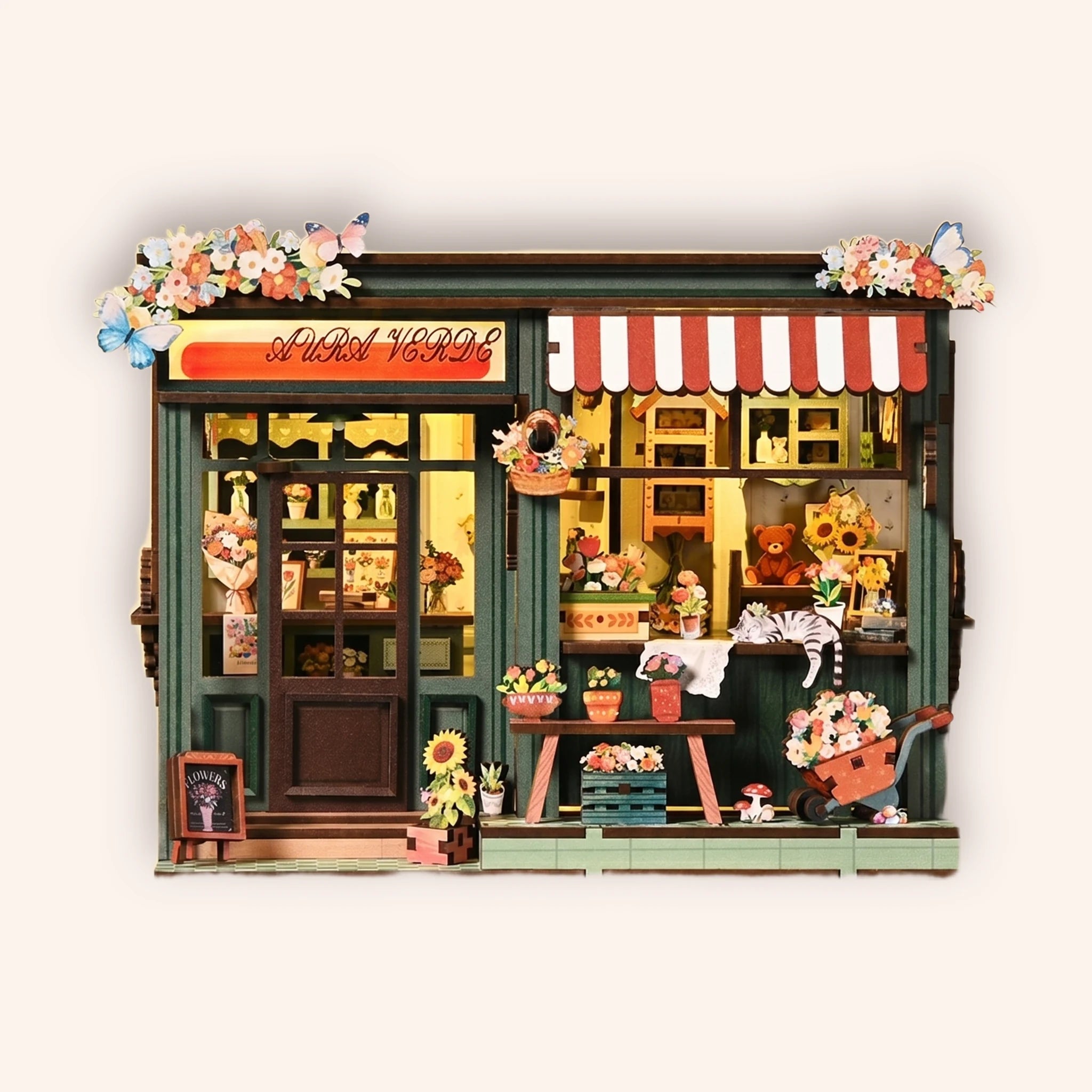 The Aura Verde Flower Room miniature flower shop on a cream background