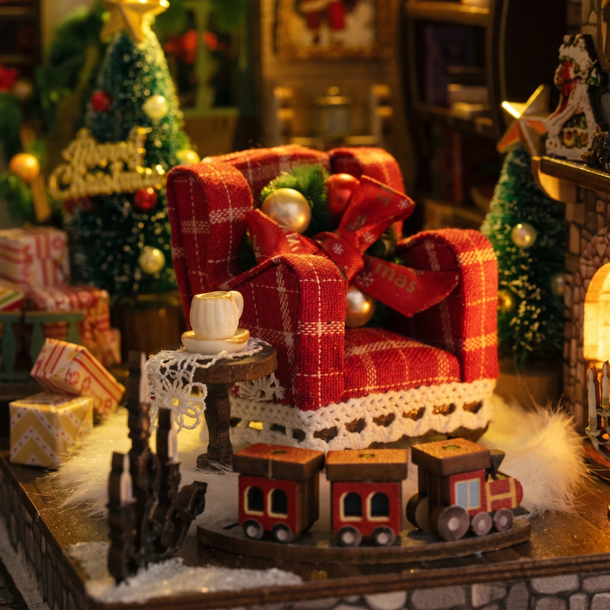Reading corner detail: tartan armchair, toy train and side table
