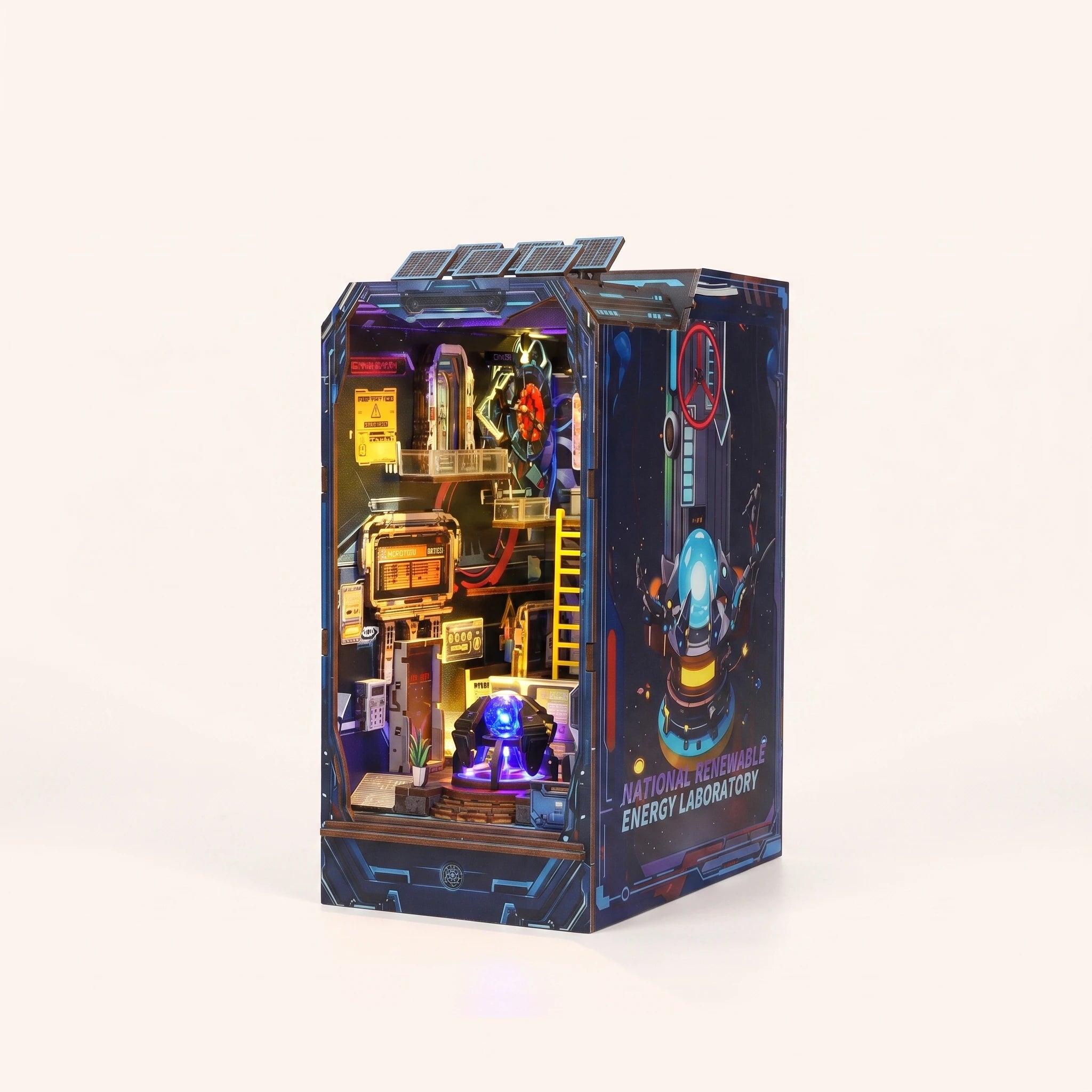 The Neon Reactor DIY cyberpunk book nook kit, assembled with LED lights on