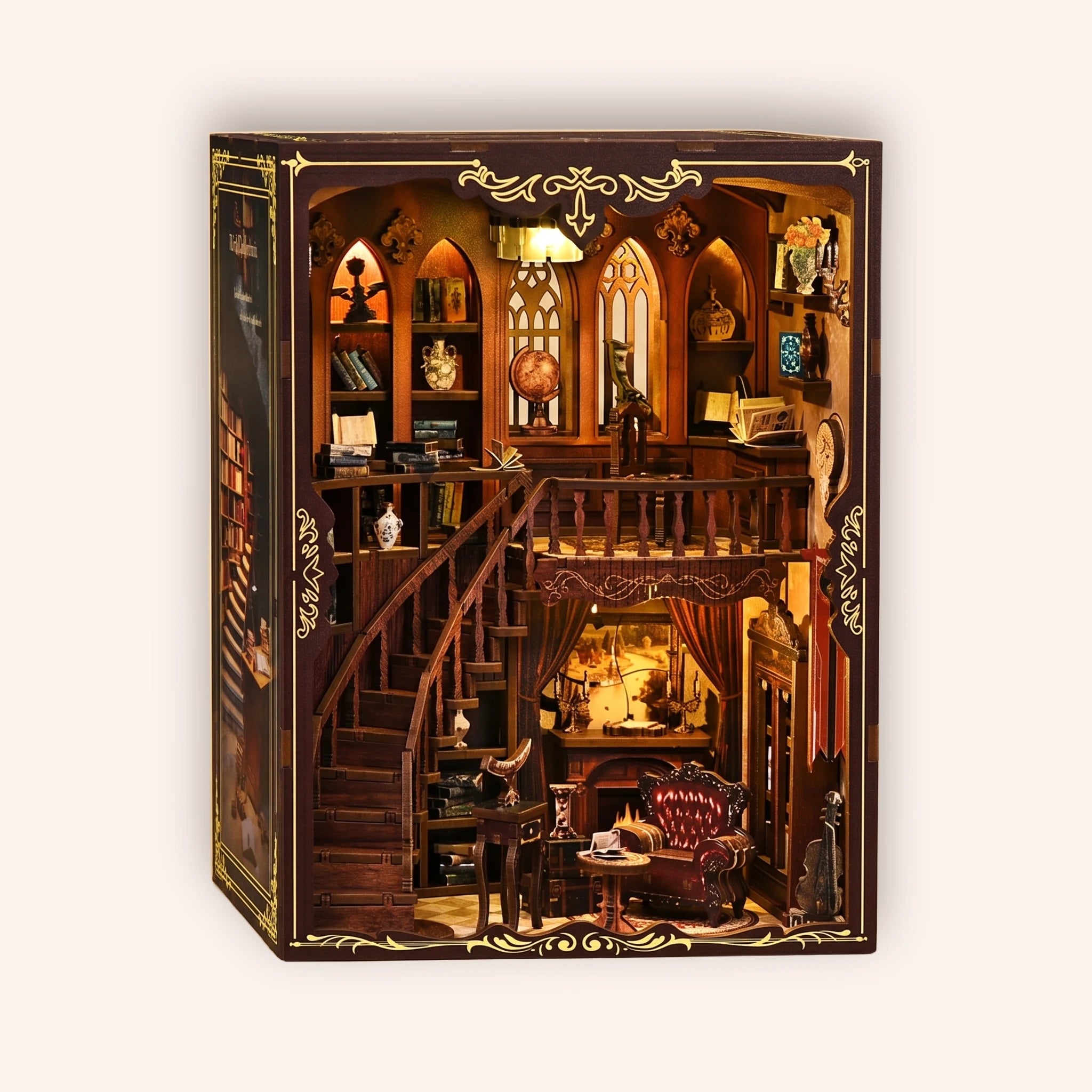 The Cathedral Library DIY book nook kit on a cream studio background, lit interior