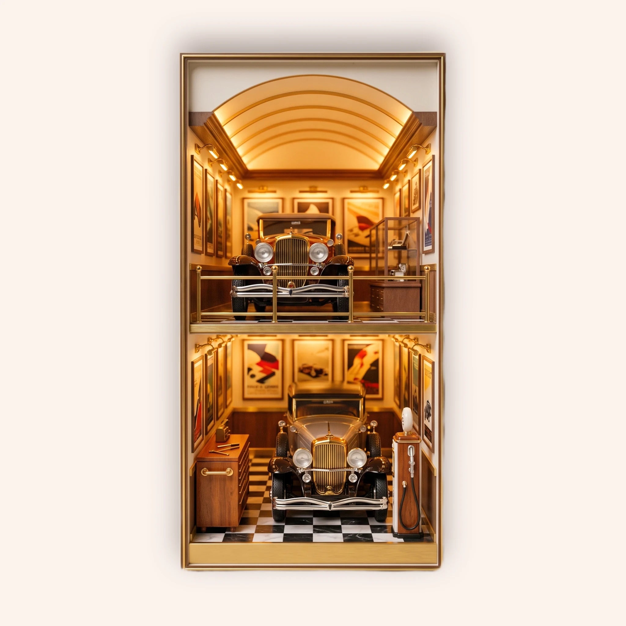 The Classic Garage miniature vintage car showroom book nook on a cream studio background