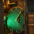 Close up of the glowing green zodiac wheel dial inside The Clockwork Apothecary