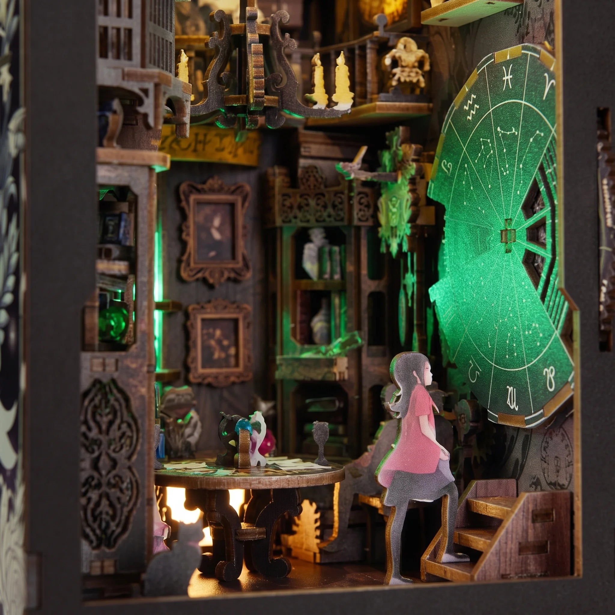 Macro detail of the fortune teller's parlor with reading table and tiny figure inside the nook
