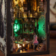 Macro detail of the parlor shelves and ornate frames glowing green and amber