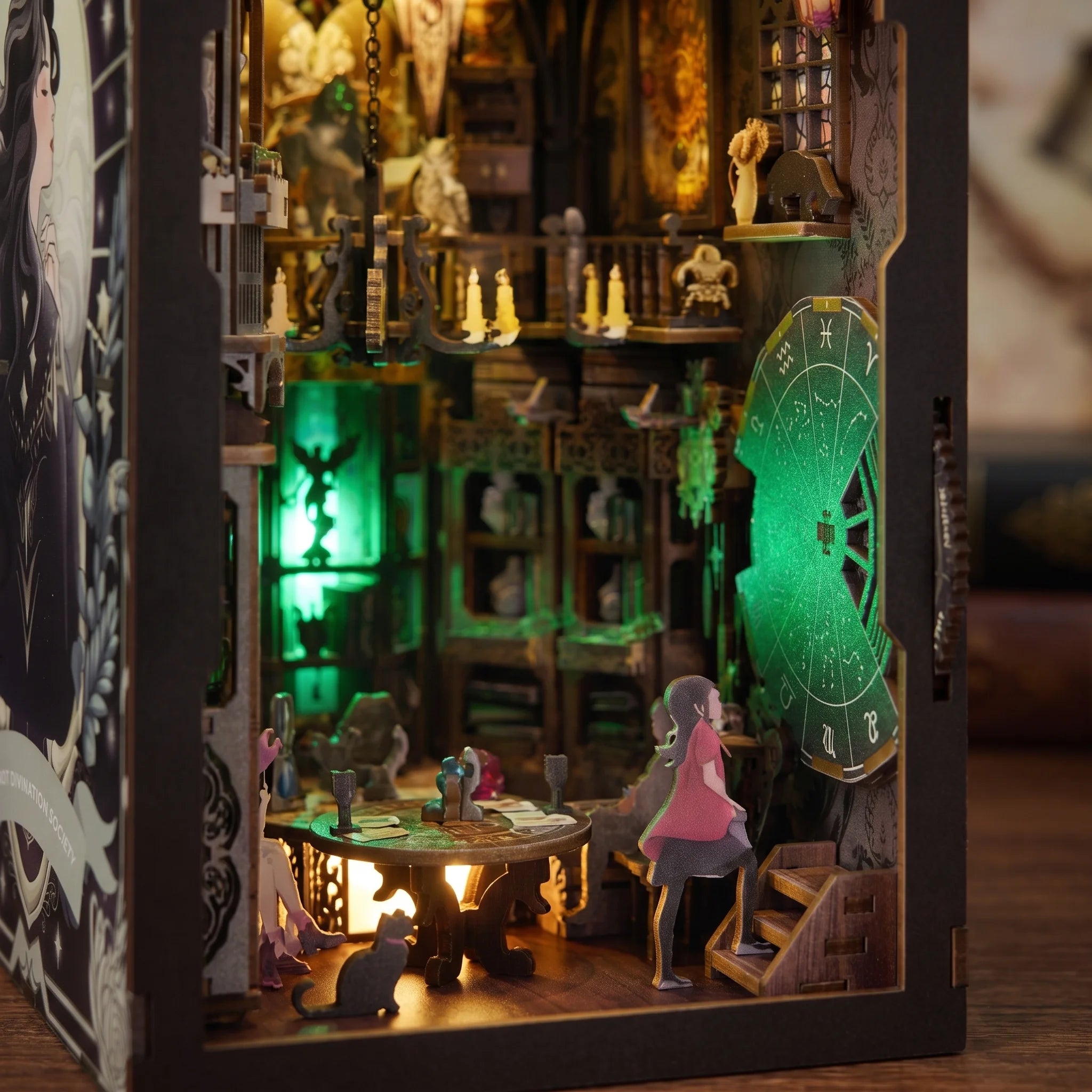 Macro detail of the parlor shelves and ornate frames glowing green and amber