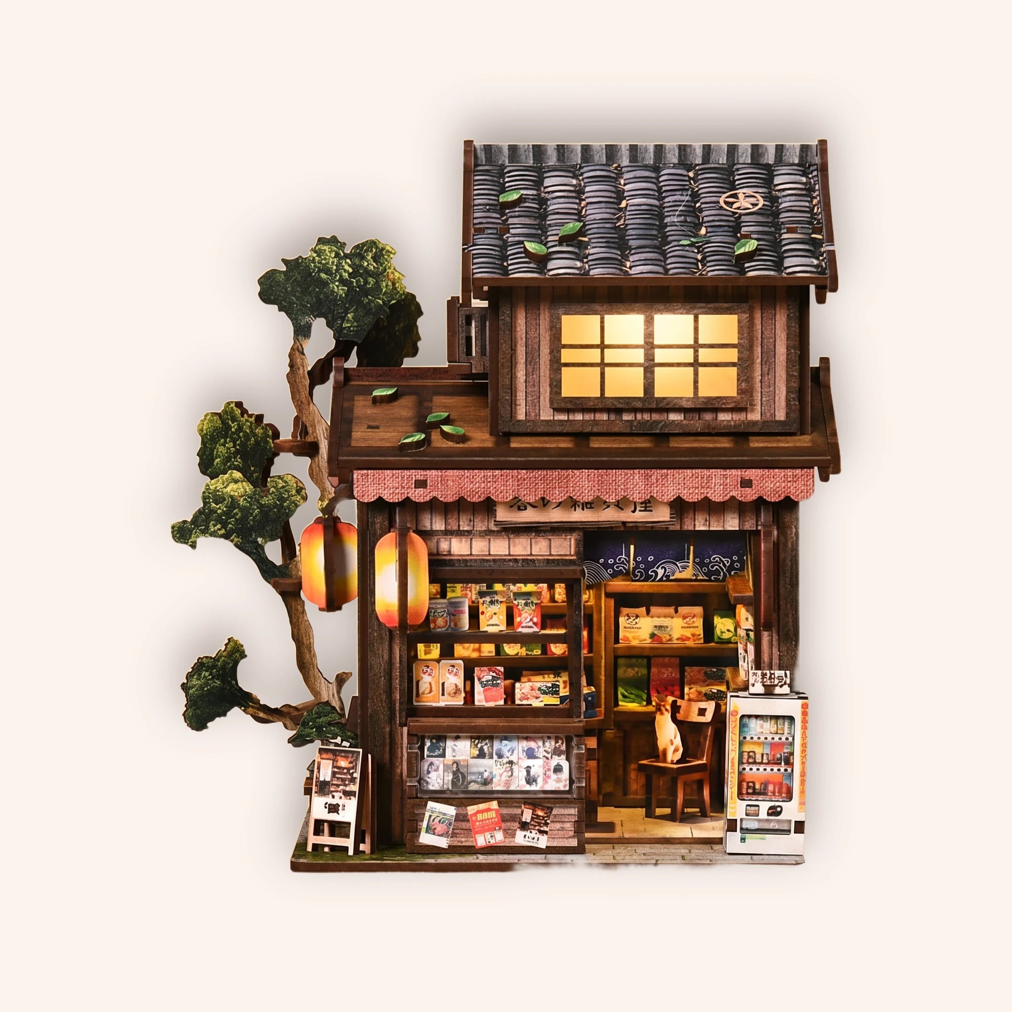 The Corner Store DIY miniature Japanese grocery roombox on a cream studio background