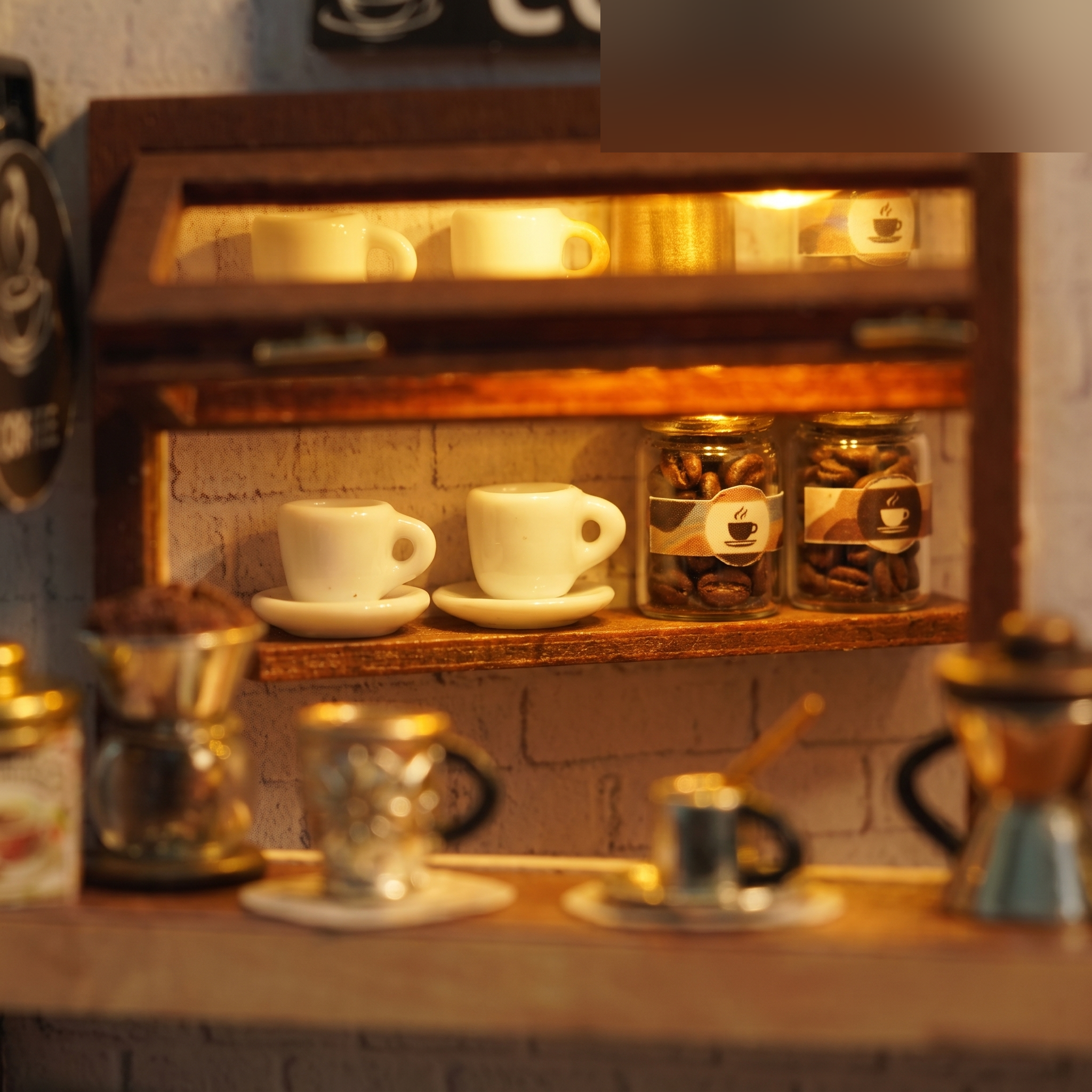 Close-up of the shelves of tiny cups and coffee-bean jars