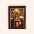 The Fireside Parlour DIY Book Nook Kit on a soft cream background, glowing Victorian parlour