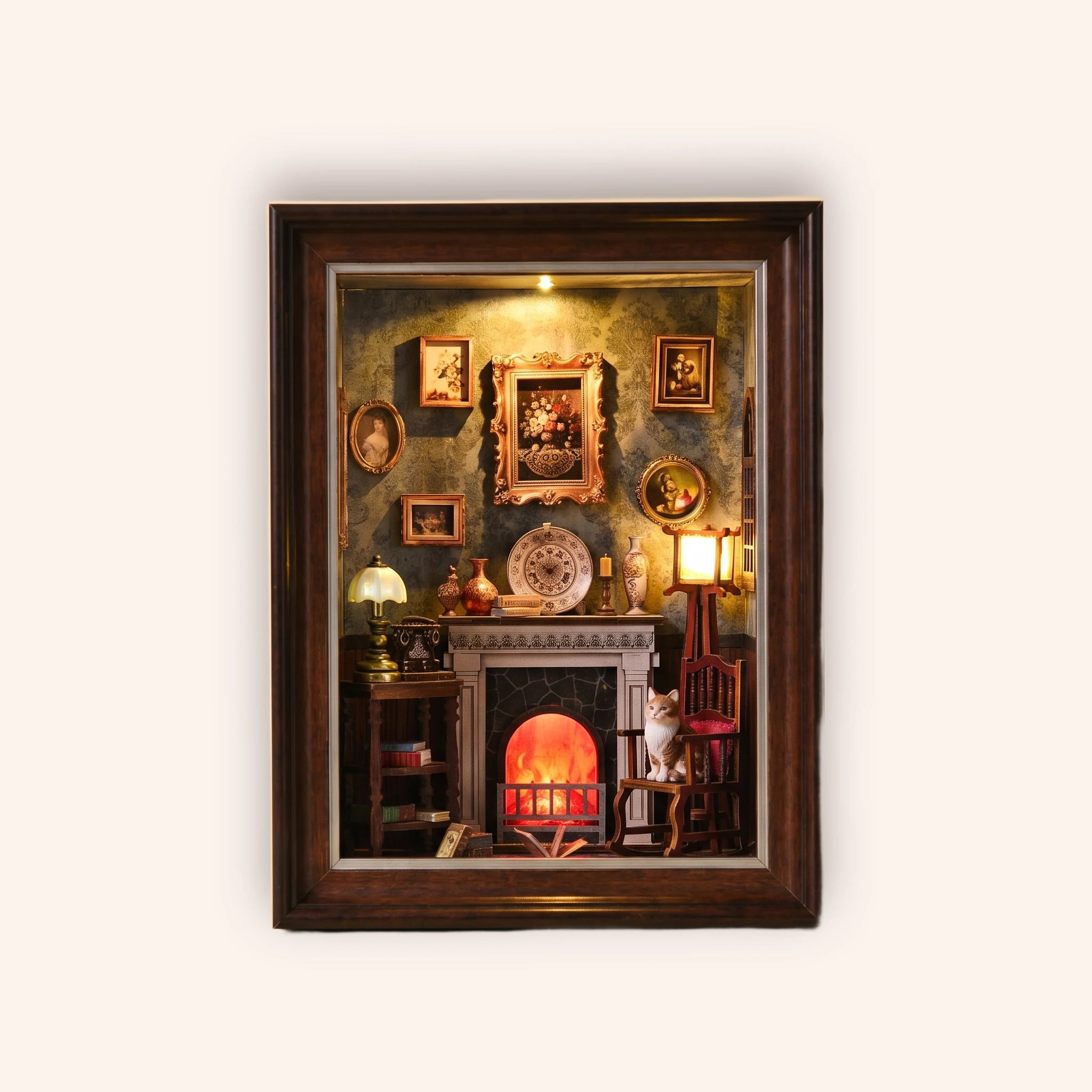 The Fireside Parlour DIY Book Nook Kit on a soft cream background, glowing Victorian parlour