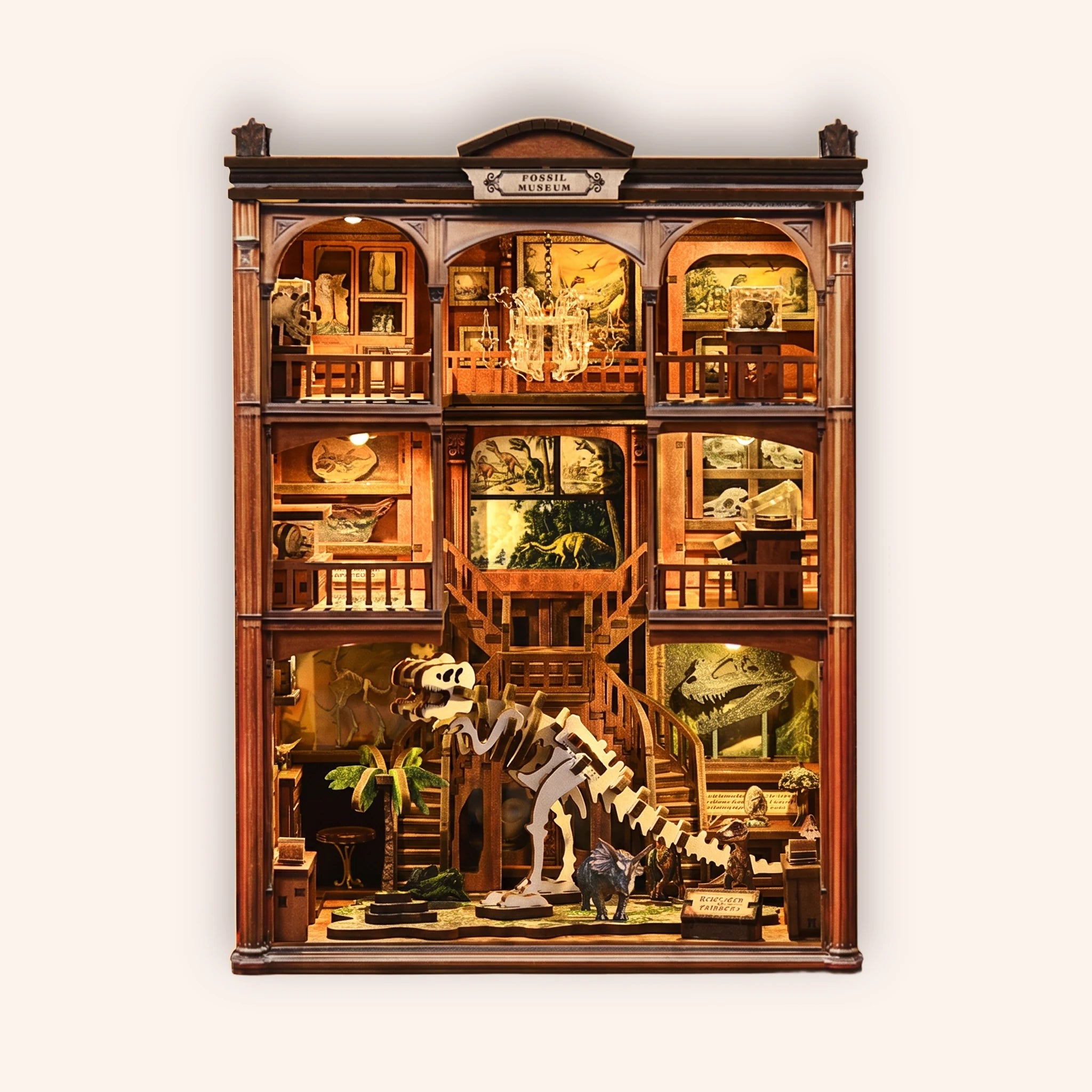 The Fossil Museum DIY book nook kit on a warm cream studio background