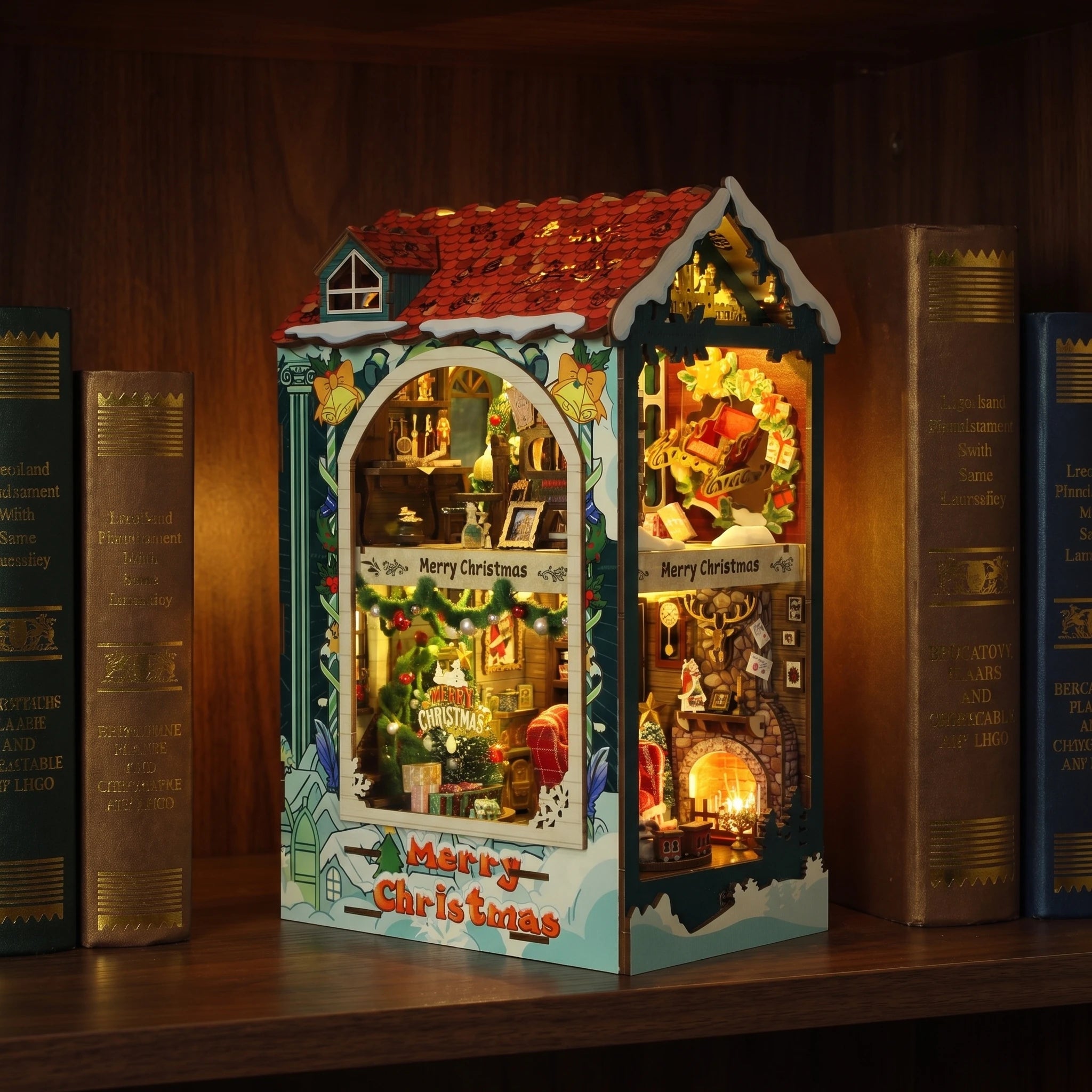 The Tartan Hearth glowing on a walnut shelf at night