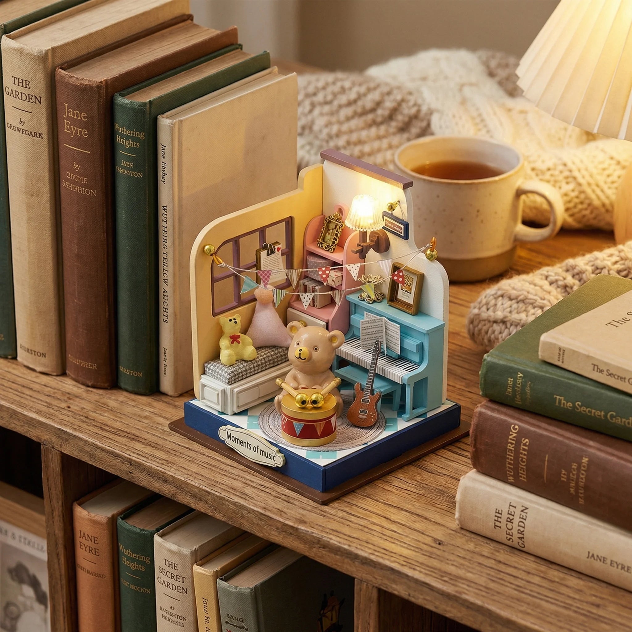 The Little Maestro miniature music room kit displayed on bookshelf with tea mug and cozy blanket decor