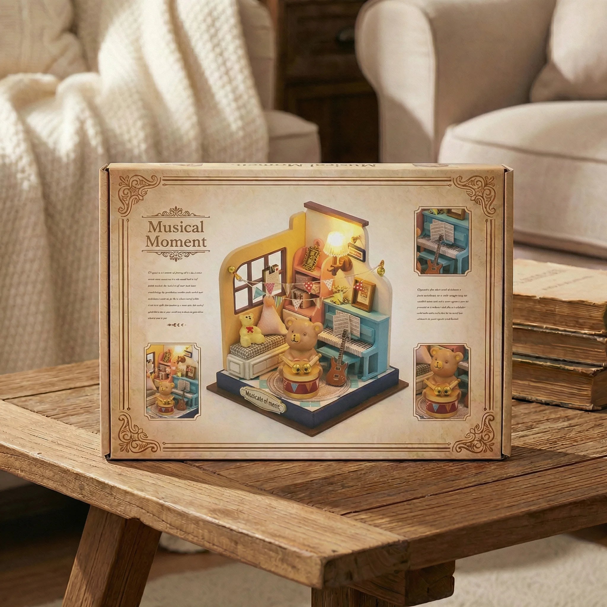 The Little Maestro DIY miniature kit packaging on wooden table showing musical bear room scene with piano