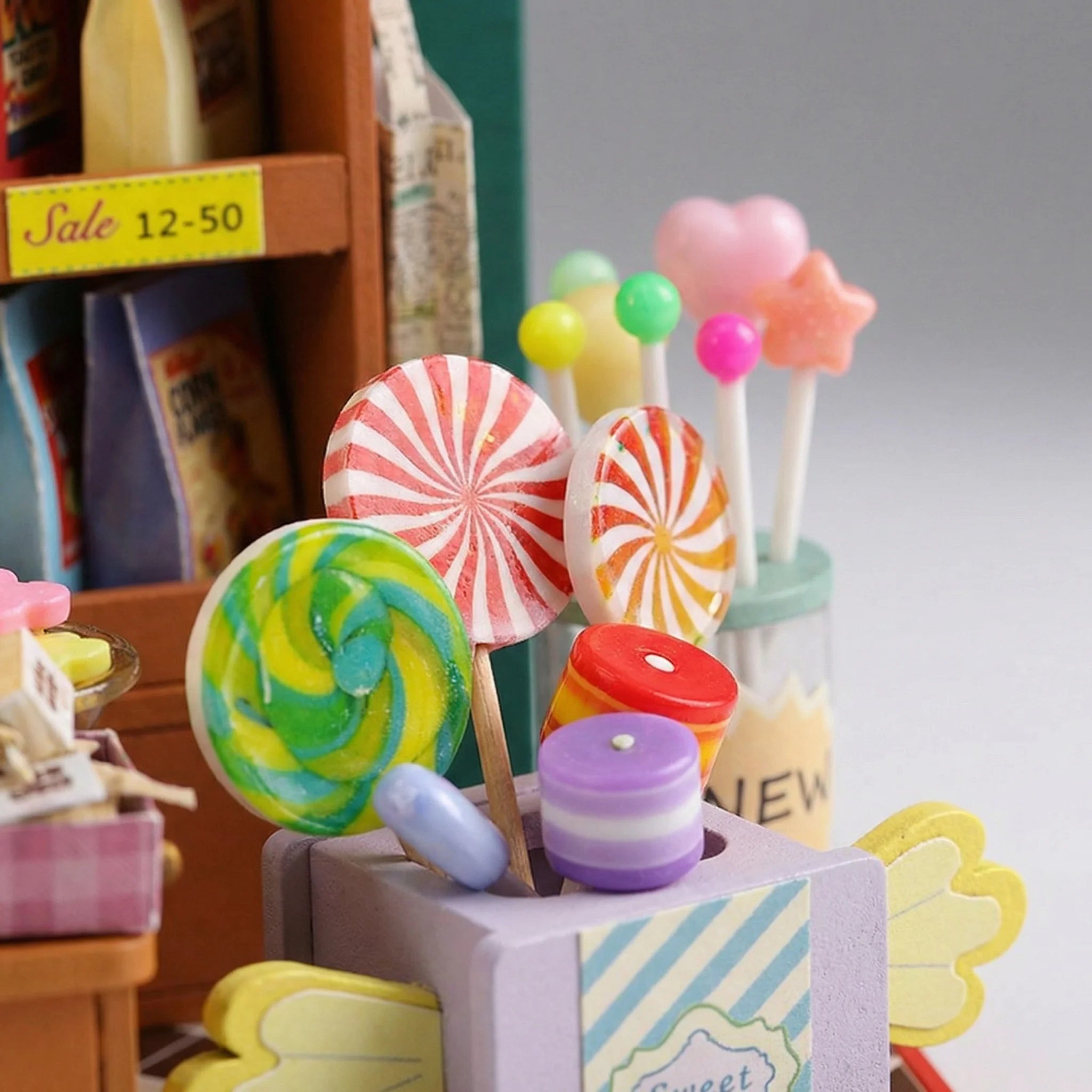 The Candy Counter miniature kit contents – wood sheets, accessories and LED lights