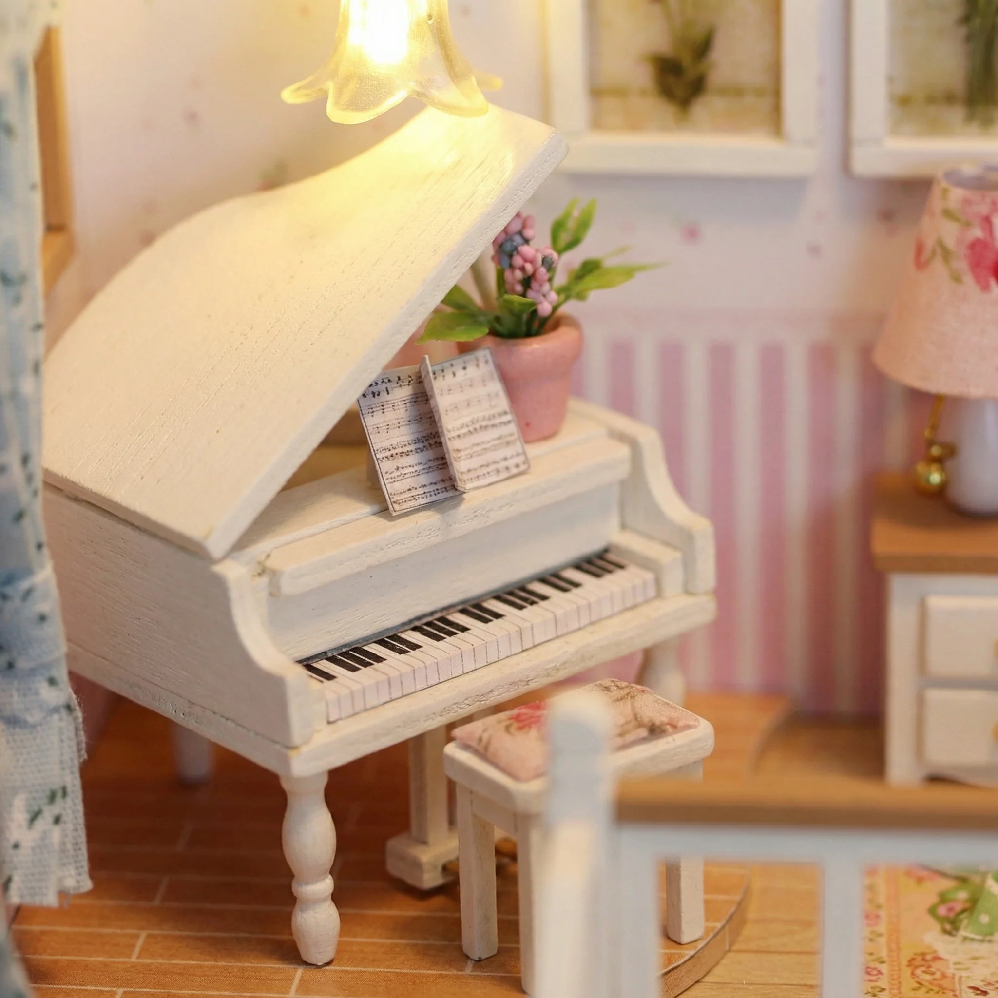 The Piano Parlour miniature white grand piano with floral vase and sheet music in dollhouse room DIY kit