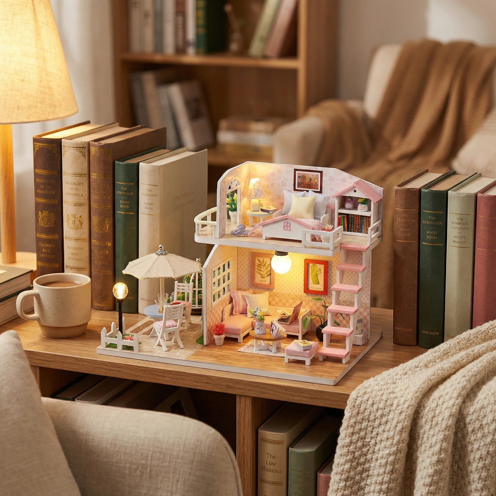 The Sunshine Loft DIY miniature dollhouse kit displayed on wooden table with books and cozy living room decor