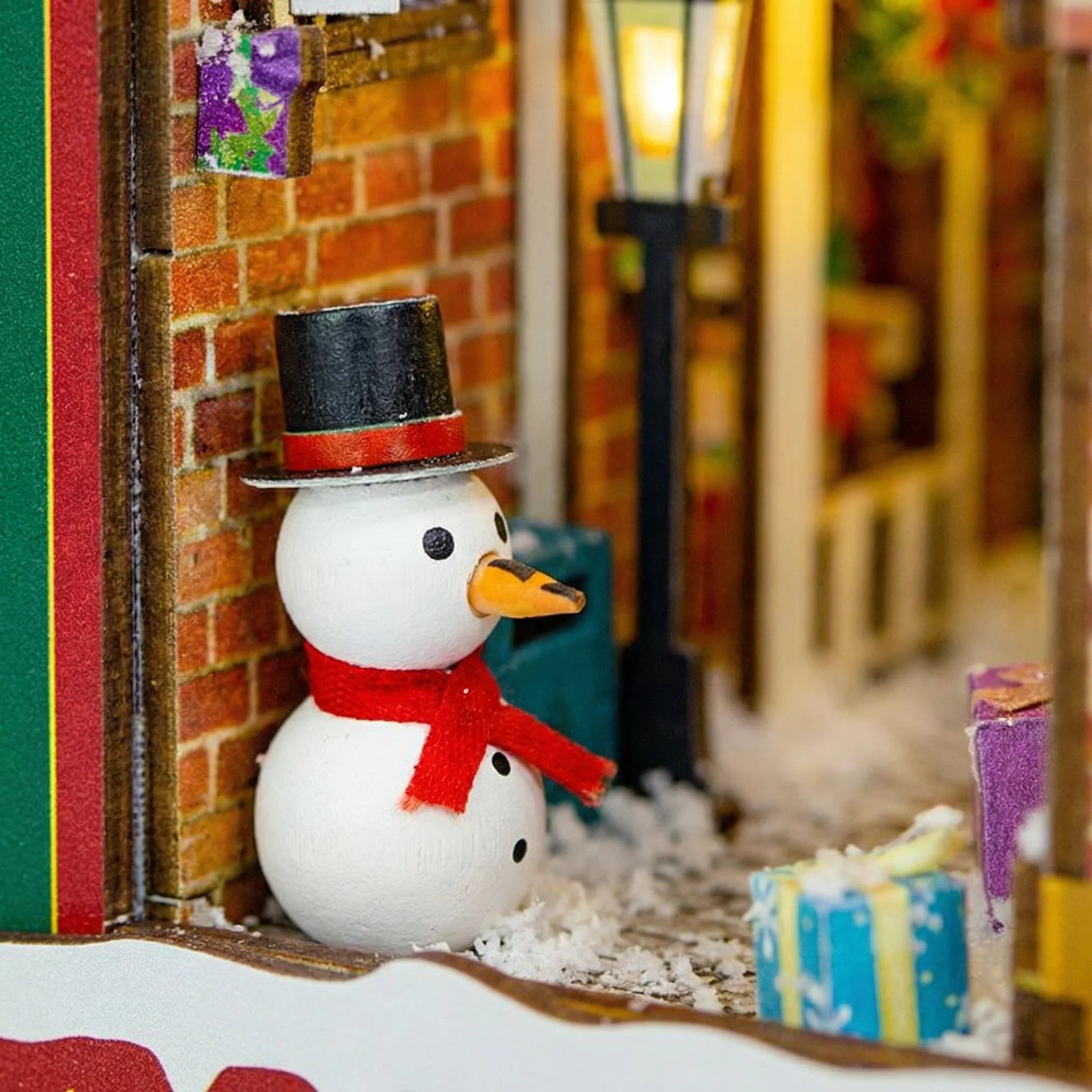 The Festive Alley book nook kit contents – wood pieces, LED lights and materials