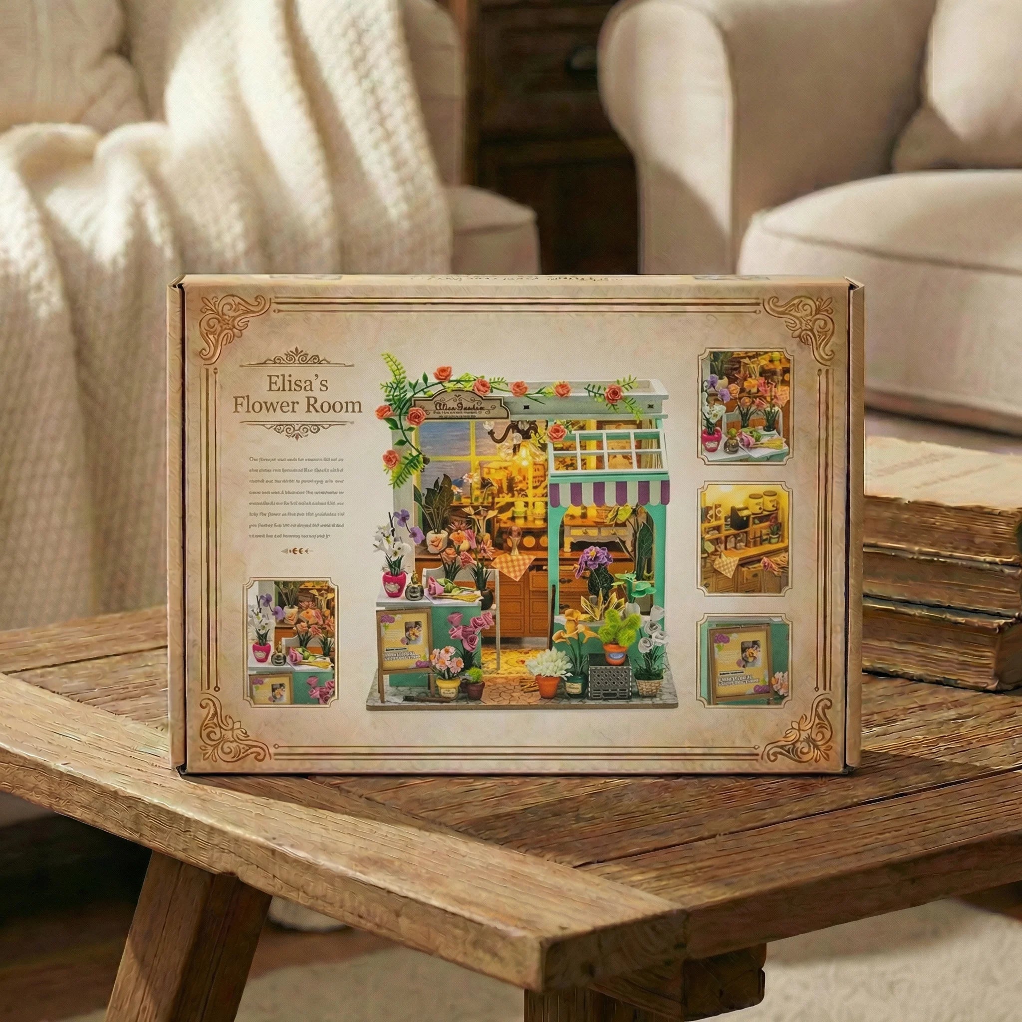 The Blossom Studio DIY miniature flower shop kit box displayed on wooden coffee table in cozy living room setting