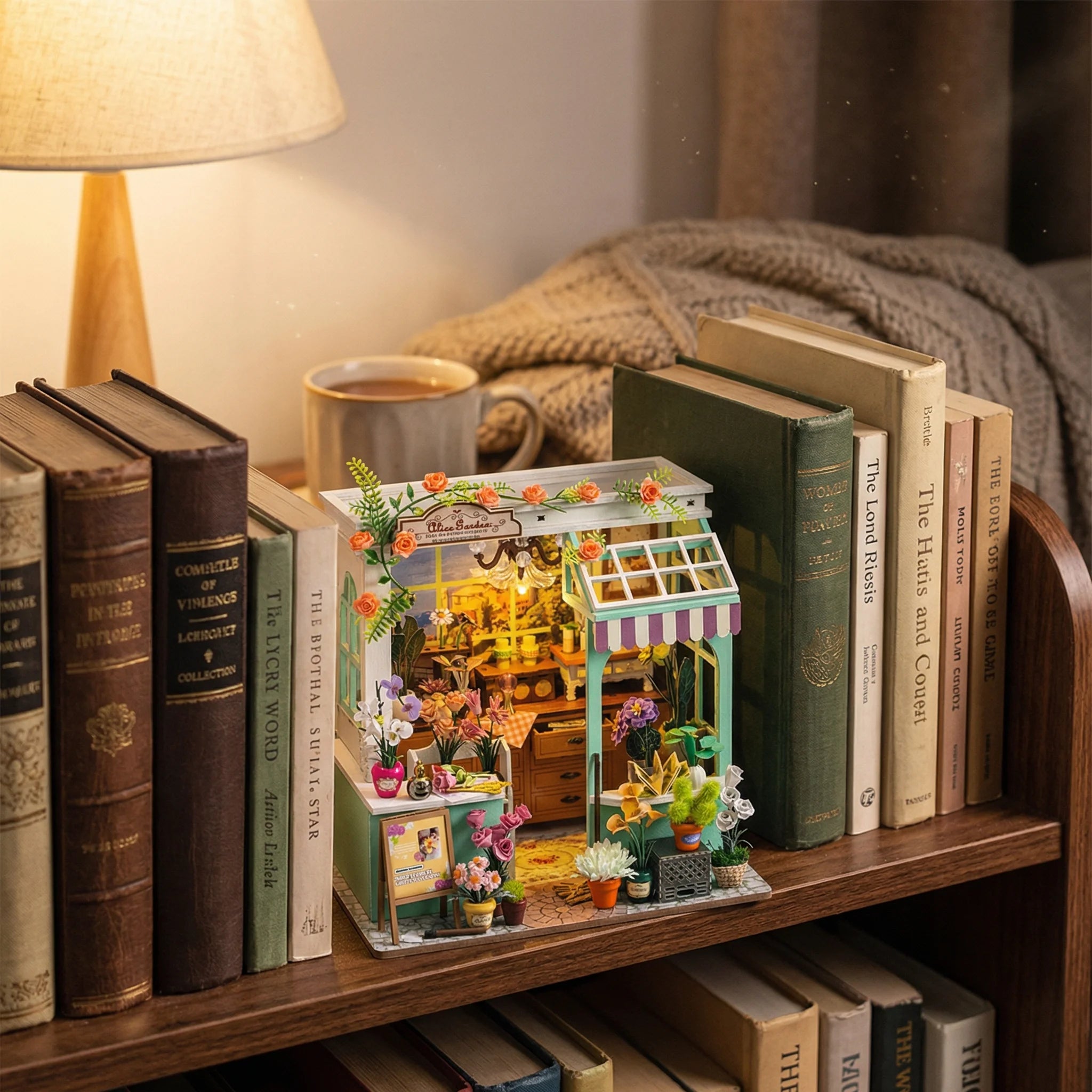 The Blossom Studio miniature flower shop DIY kit displayed on wooden bookshelf with books lamp and cozy bedroom decor