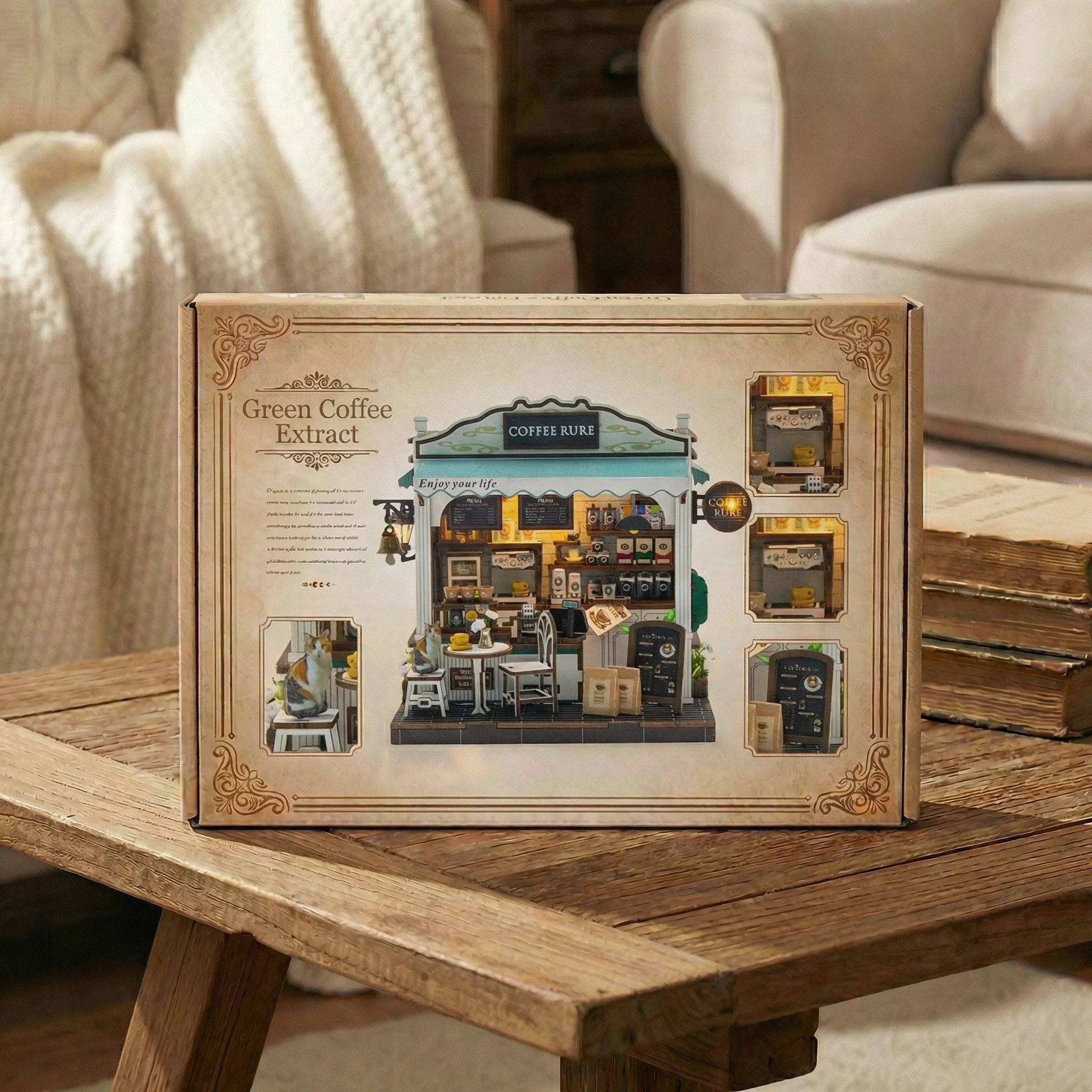 The Coffee Stop miniature DIY kit box displayed on wooden coffee table in cozy living room setting