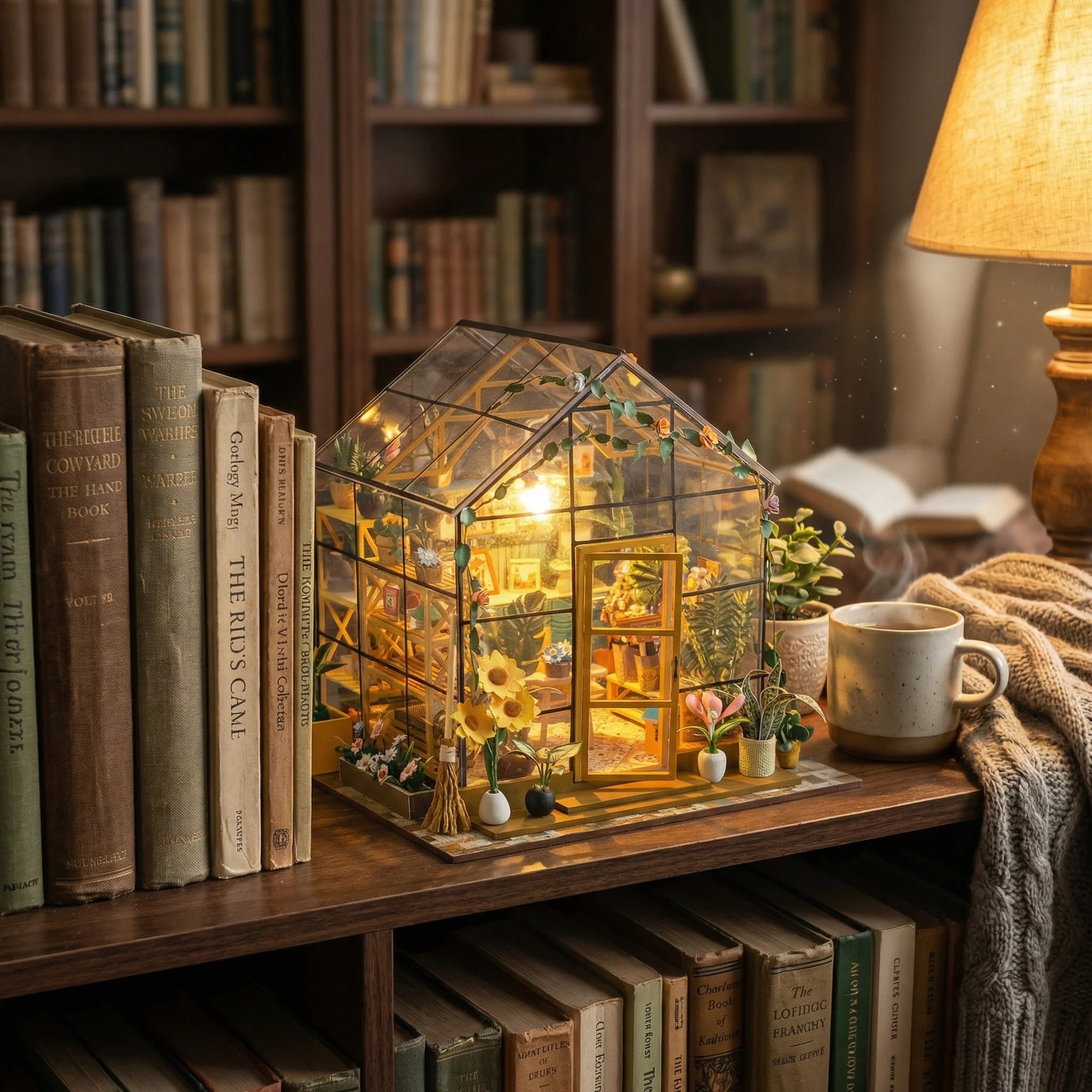 The Sunflower Glasshouse miniature DIY kit displayed on bookshelf with warm lighting and cozy reading nook setting