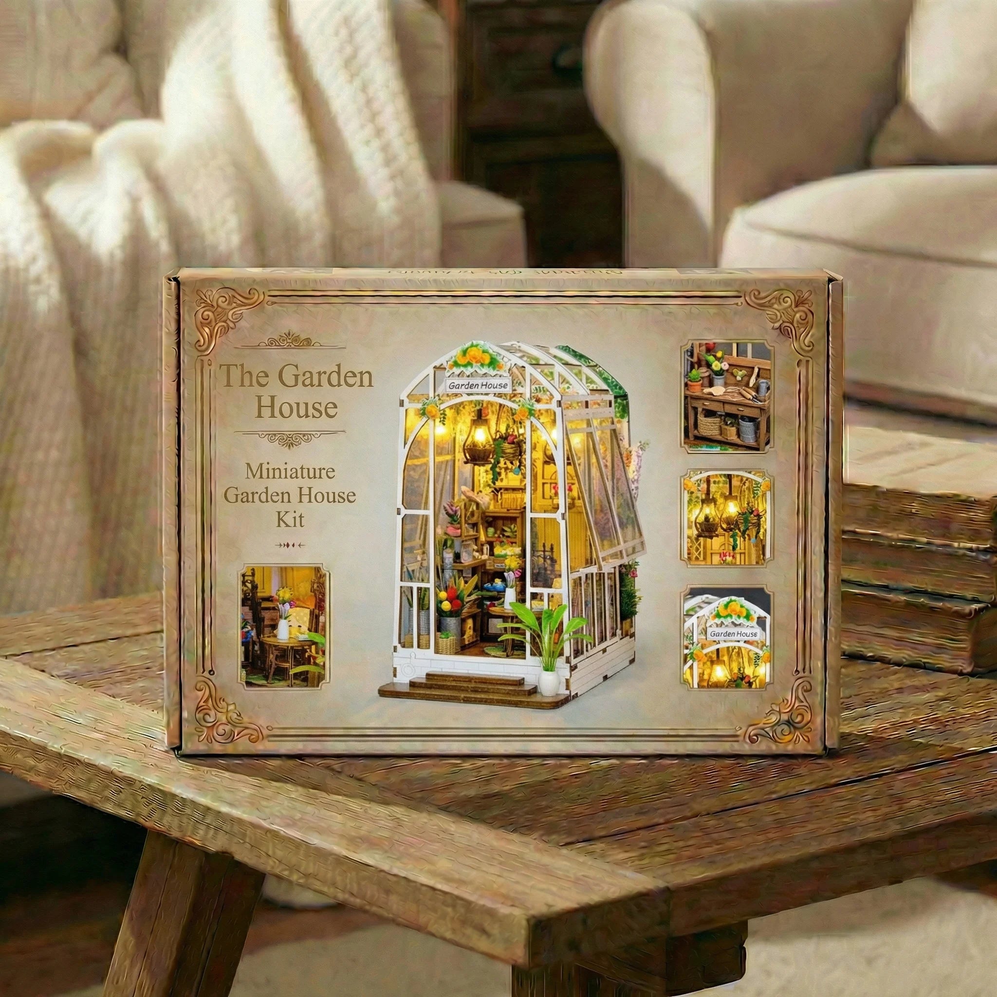 The Garden House miniature kit box displayed on rustic wooden coffee table in cozy living room setting