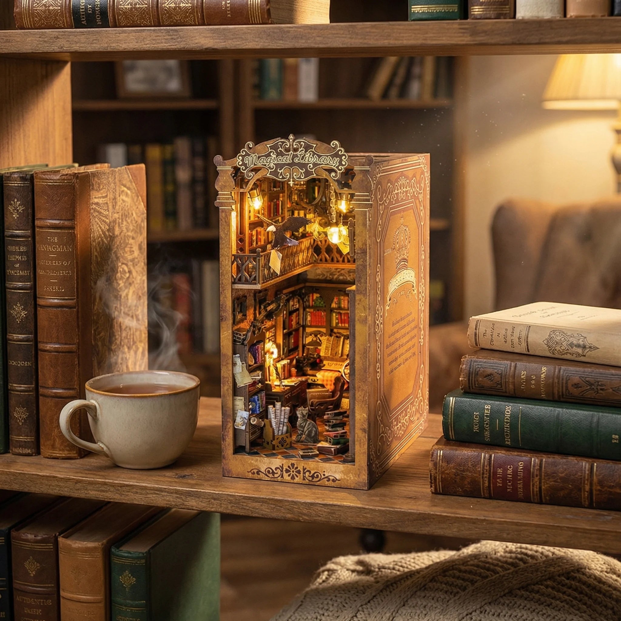 The Eternal Archive DIY book nook kit displayed on wooden shelf with vintage books, steaming coffee cup, and warm LED ligh...