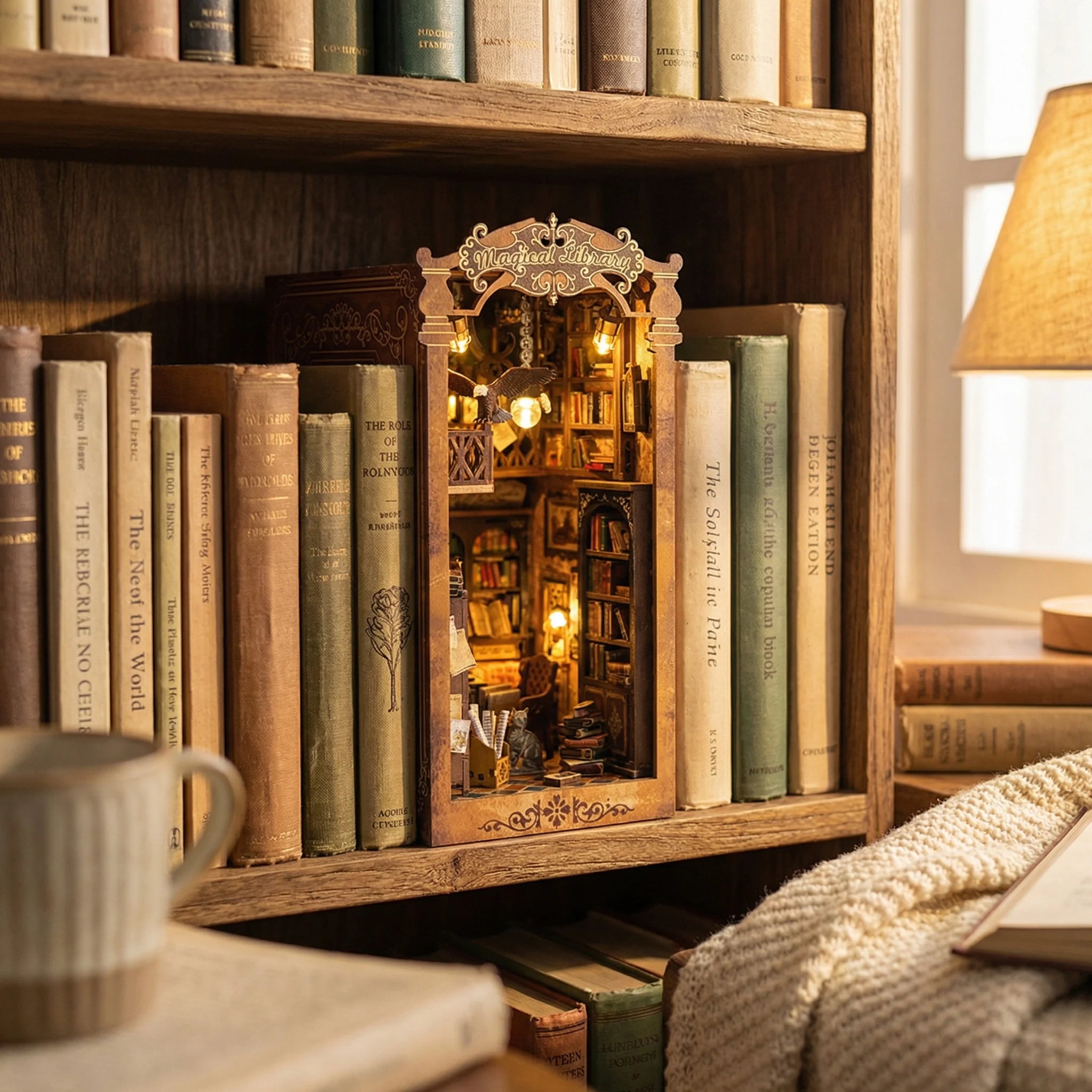 The Eternal Archive miniature library book nook displayed on wooden bookshelf with warm LED lights and tiny books