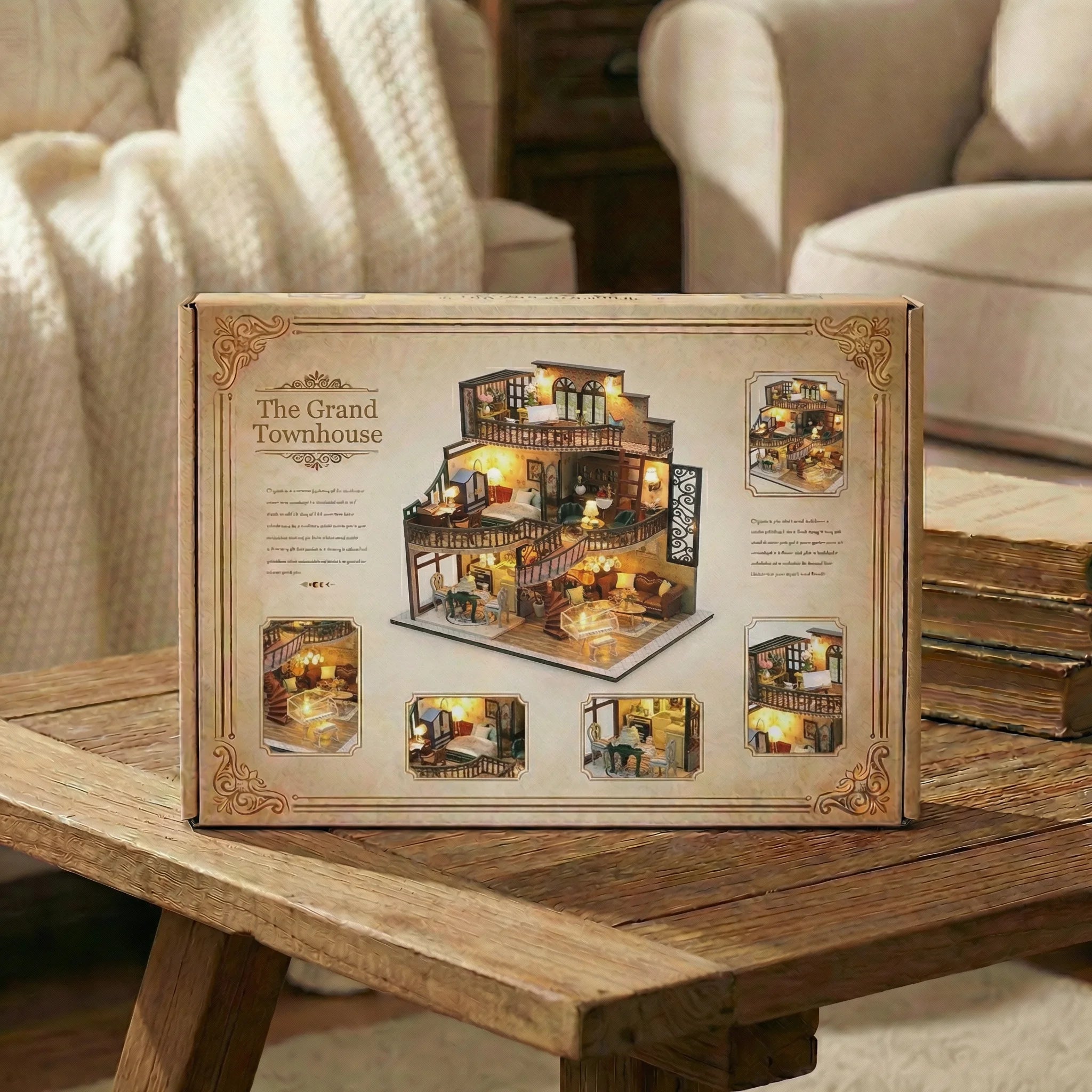 The Grand Townhouse miniature DIY dollhouse kit box displayed on rustic wooden coffee table in cozy living room