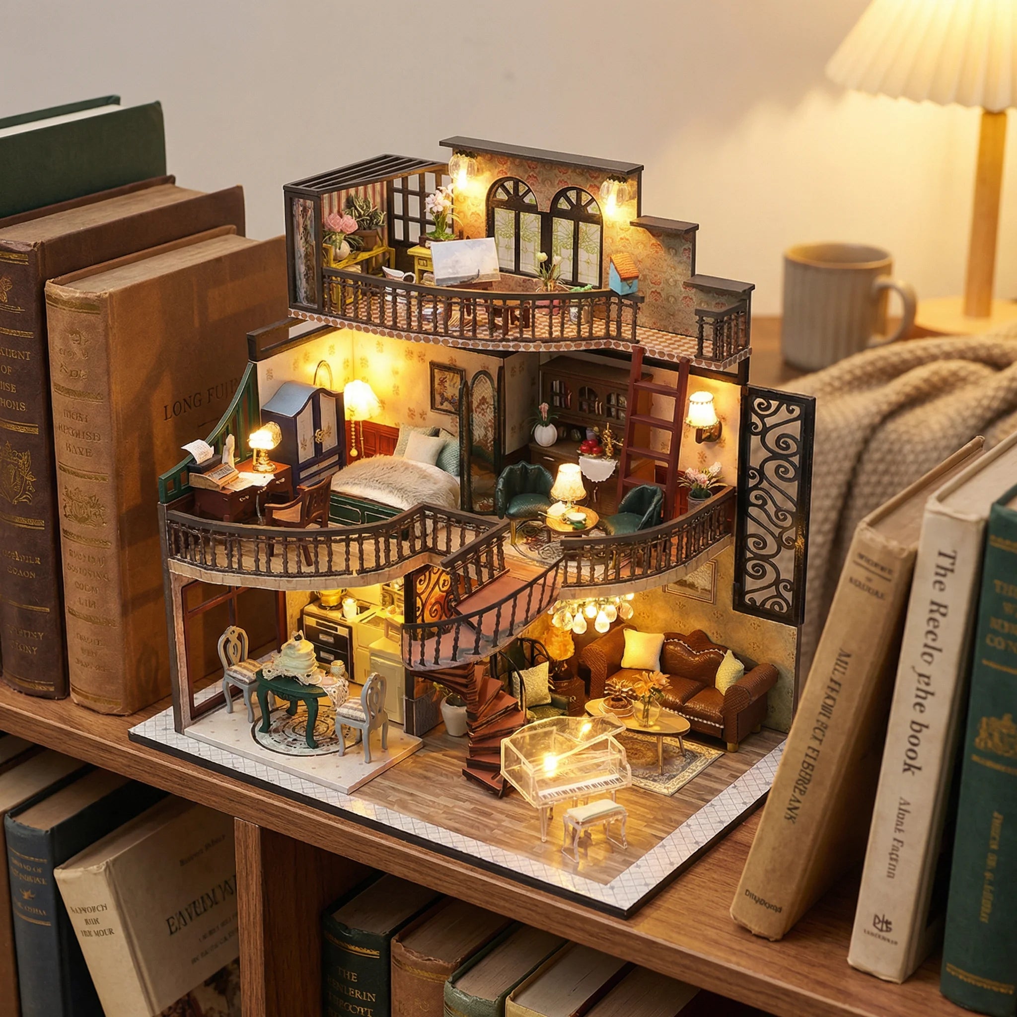 The Grand Townhouse DIY miniature kit displayed on bookshelf with warm LED lights and detailed three-story interior rooms